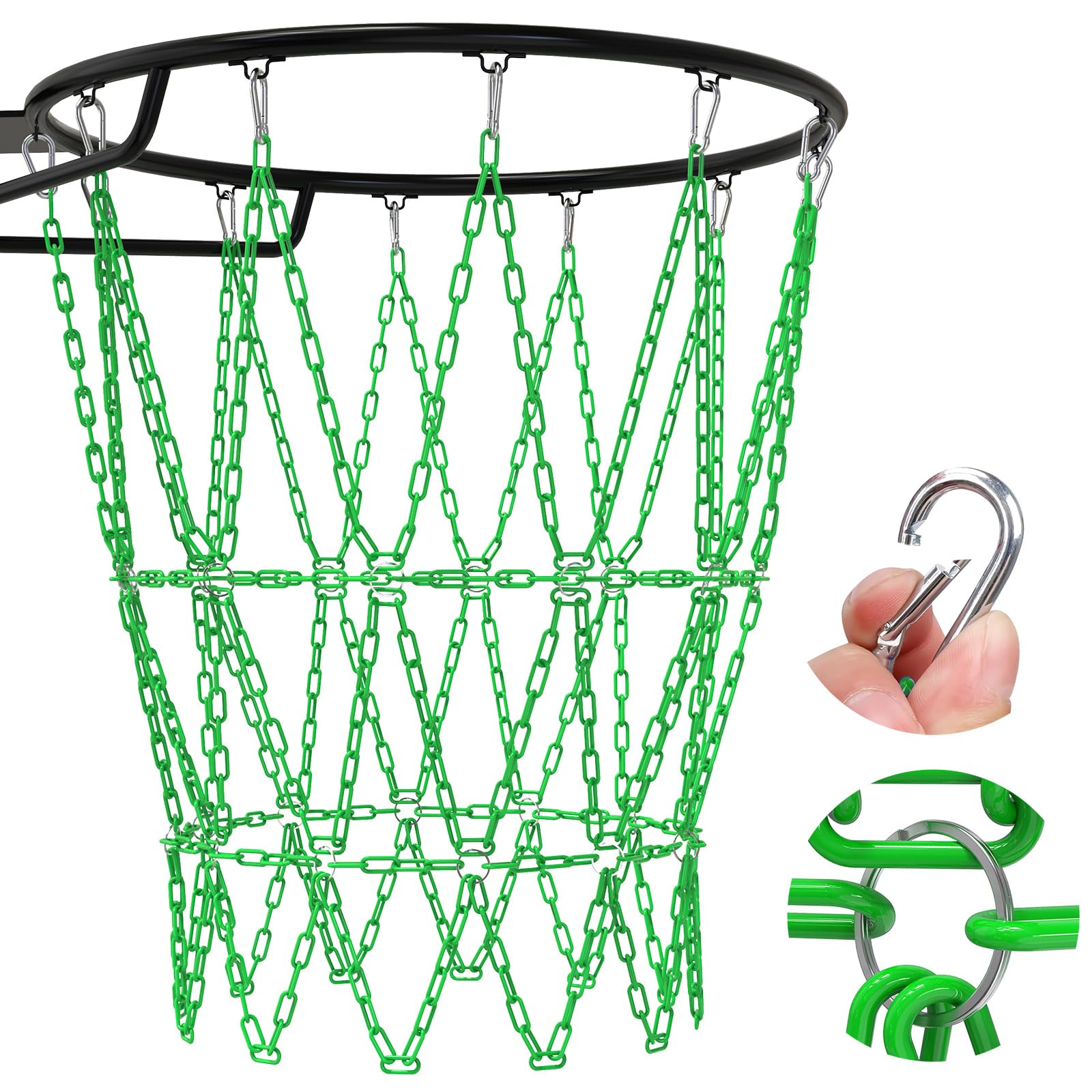 Kipika Heavy-Duty Basketball Hoop Net, Rust-Resistant Carbon Steel Chain Net to Fit Standard 46cm Hoops, 12-Loop Design for Indoor and Outdoor Use (A-Green)