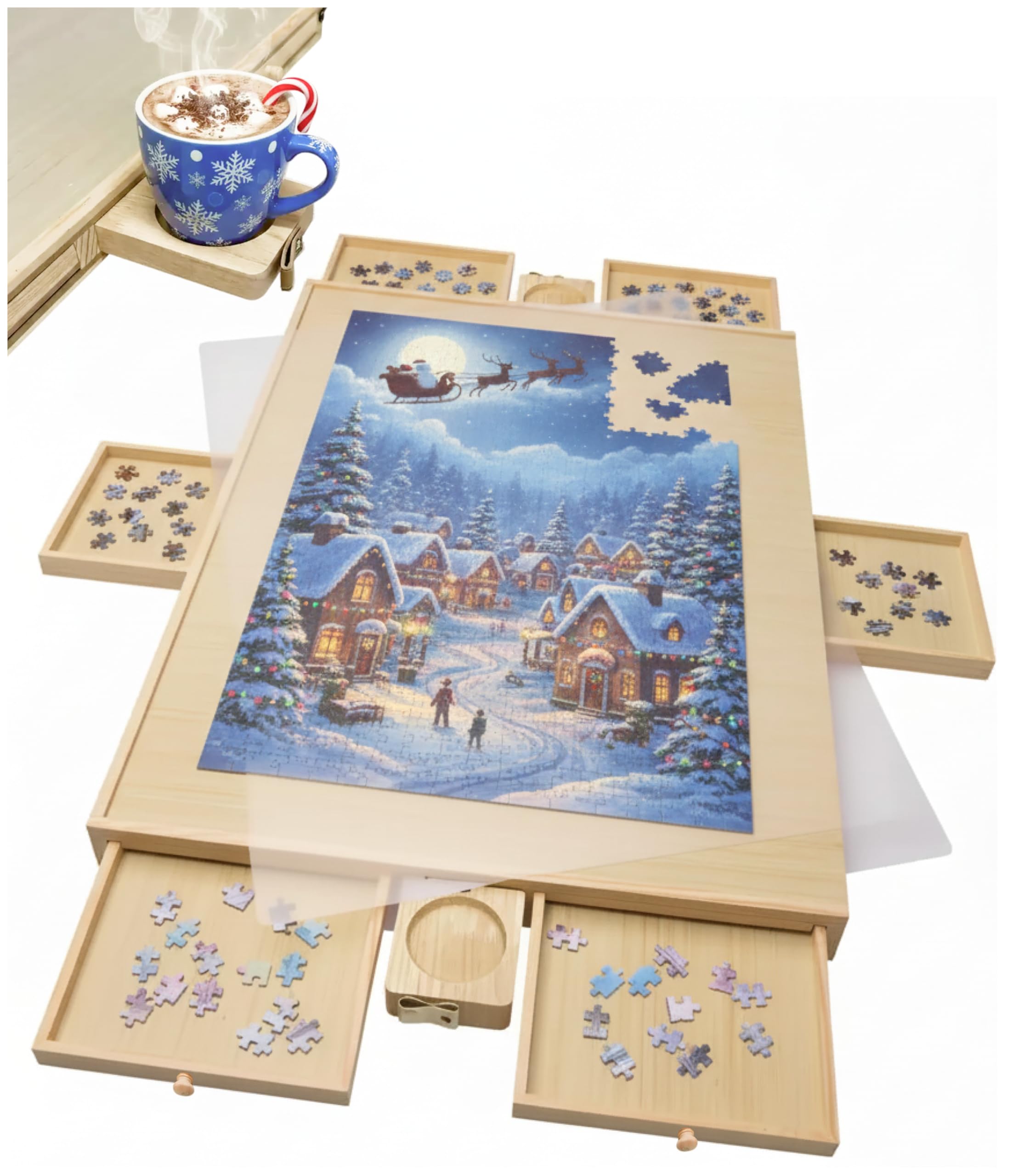 Gondola 1500 Pieces Puzzle Board with Mug Holders, 6 Drawers and Cover, Sturdy Jigsaw Puzzle Table Tray, 26"x35" Portable Wooden Jigsaw Puzzles Accessories, Jig Saw Home Holder Organizer Boards