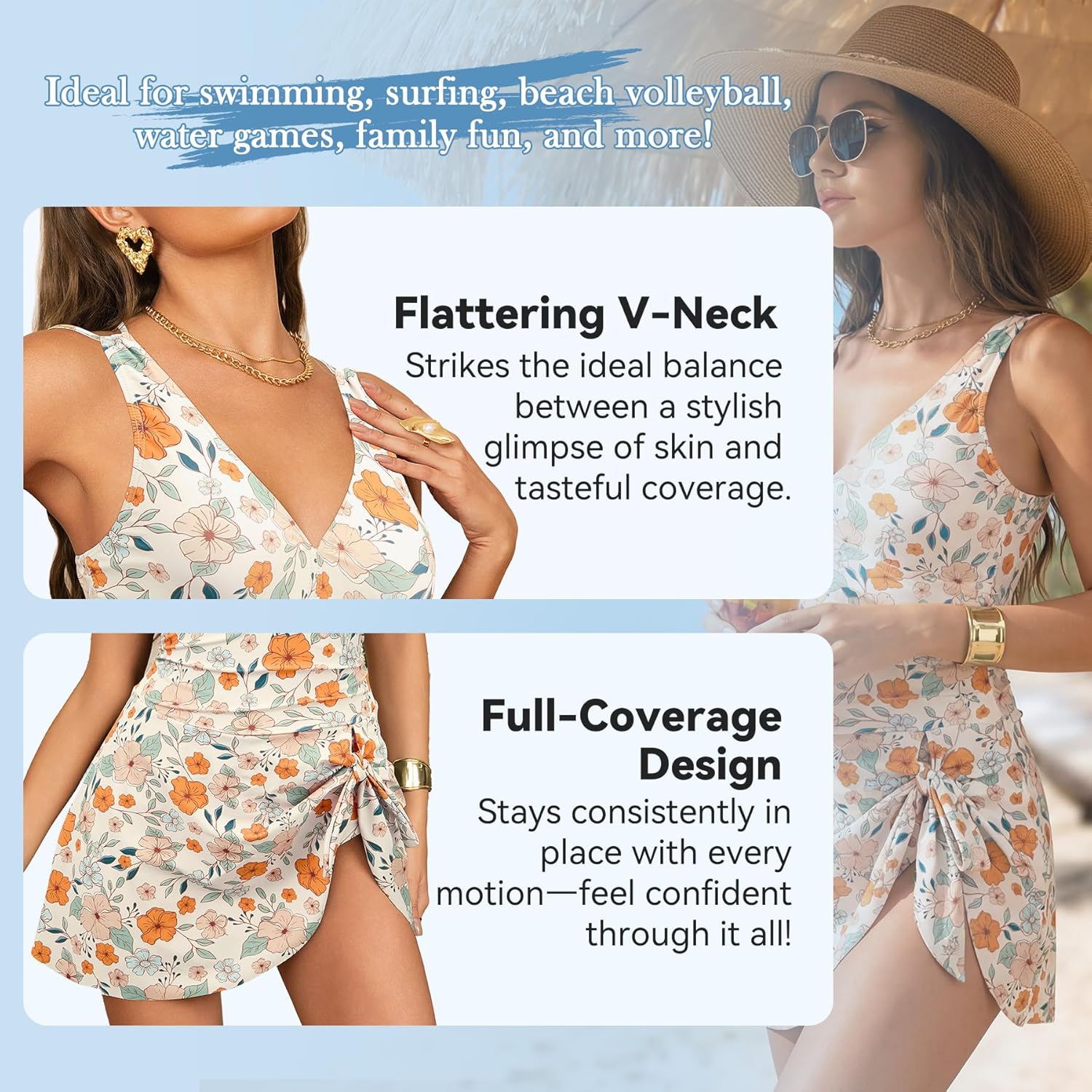 Zando Tie Knot Swimsuit with Skirt Swim Dress Swim Suits for Women 2026 One Piece Swimsuit Floral Tummy Control Modest - Image 3