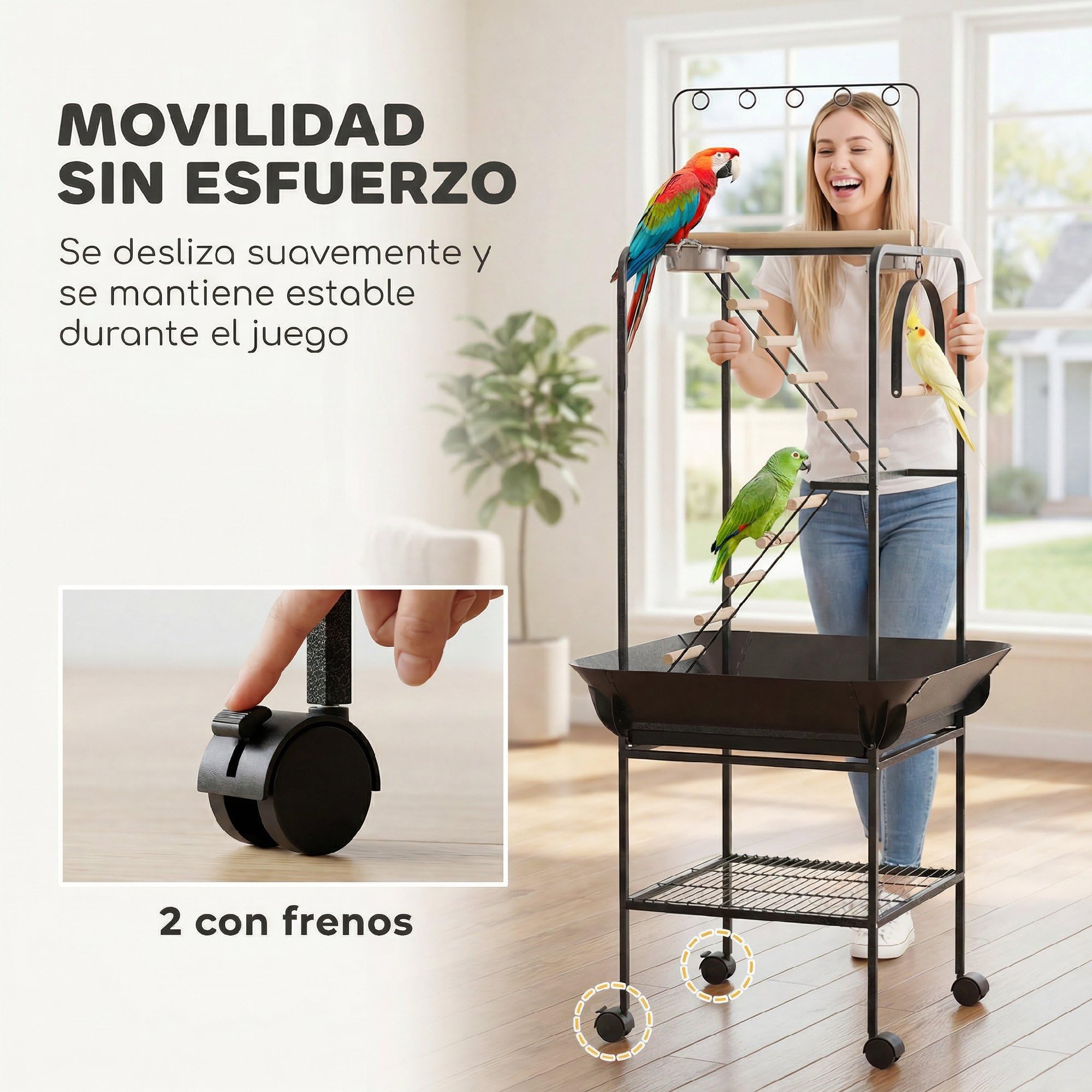 PawHut Parque de Juegos para Pájaros, Soporte para Pájaros con Ruedas, Escaleras, Columpio, Protector de Semillas, Bandeja, Comederos, Perchas, Gancho, Estante, para Periquitos Cacatúas, 63x63x163 cm
