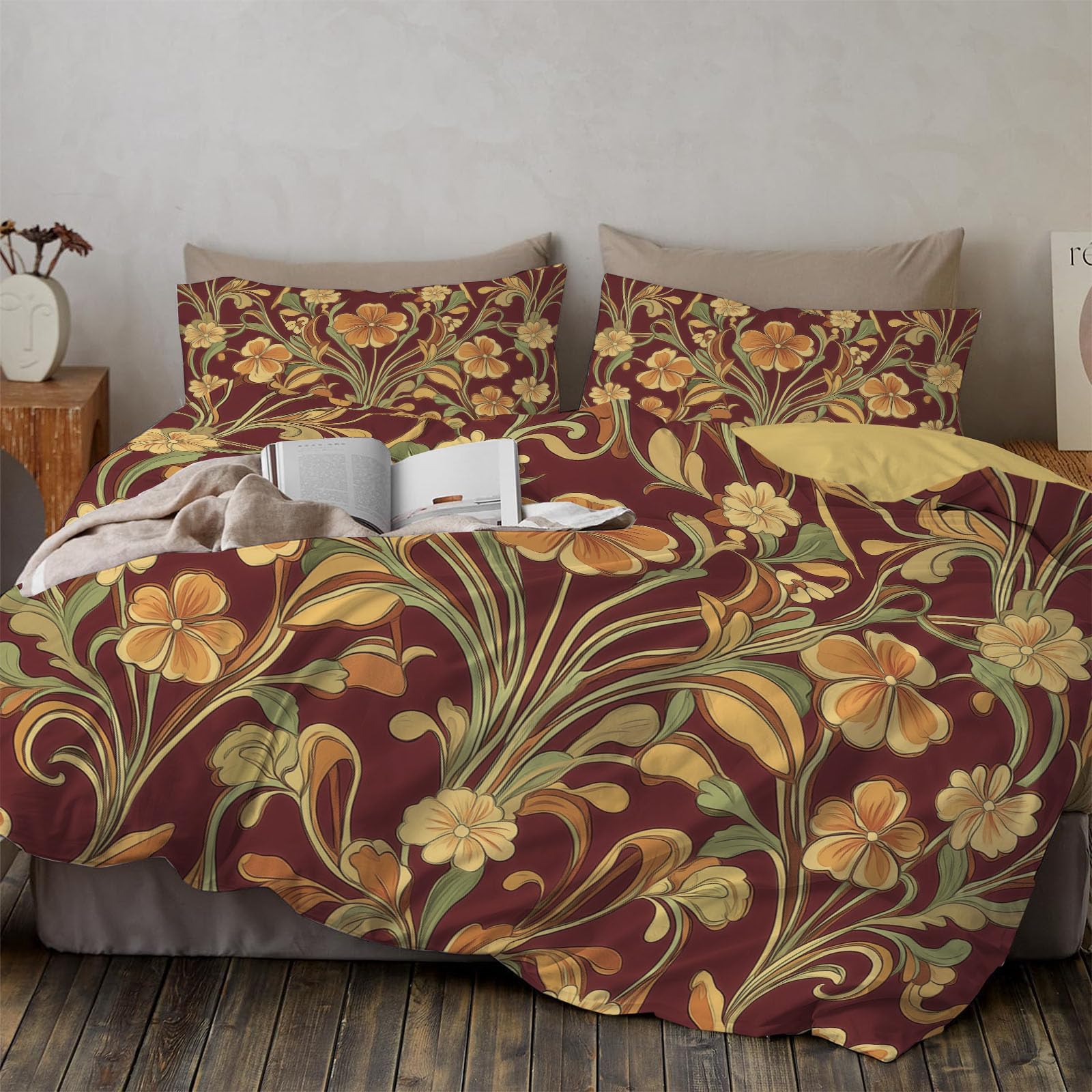 Housse de couette 220x240 vintage art floral avec parure de lit double face terracotta