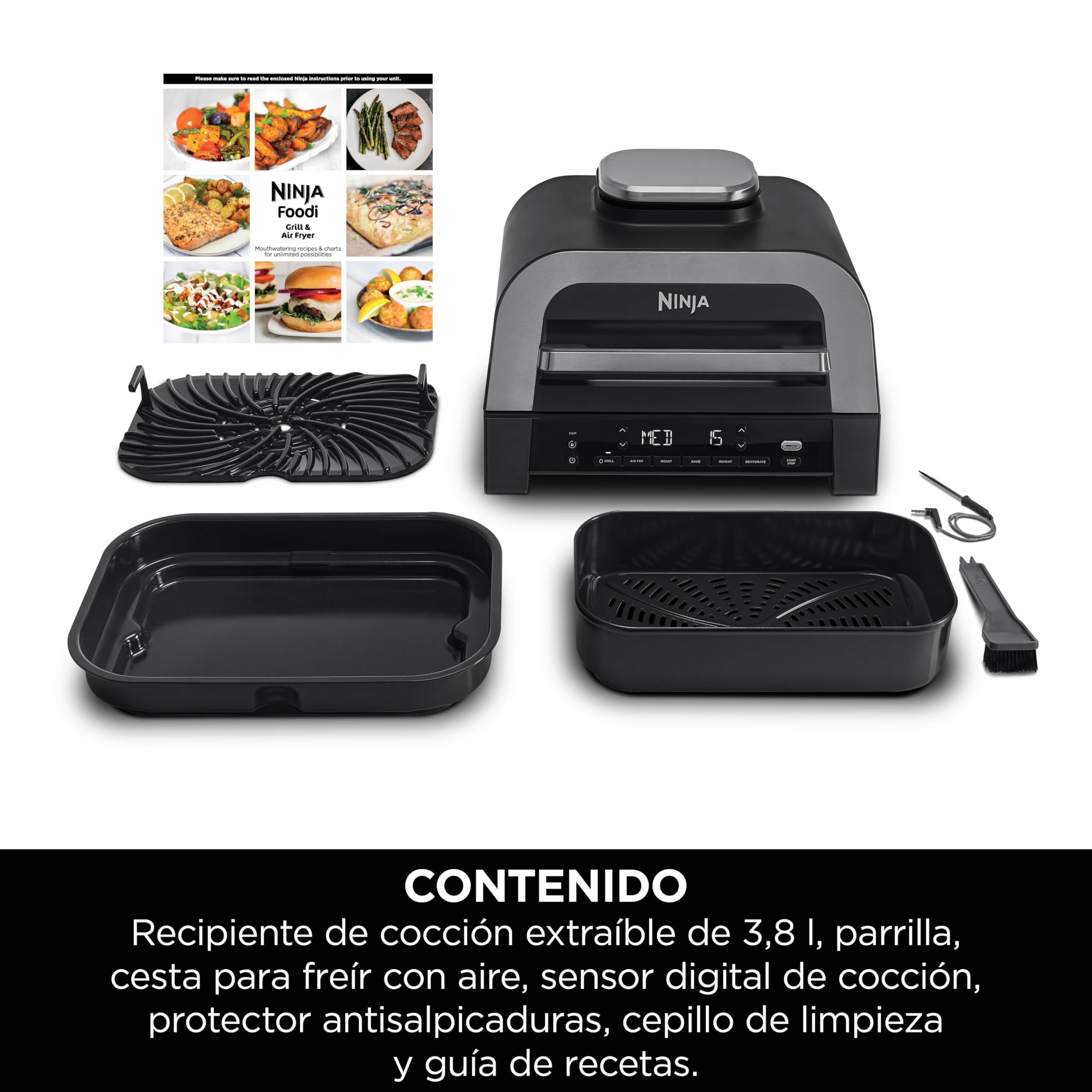 Ninja MAX 6 en 1 Freidora de aire y parrilla de interior, 6 funciones de cocción sin humo, cocina hasta 6 hamburguesas, capacidad de 3,8 l, incluye termómetro digital para carne, gris/plata, DG551EU