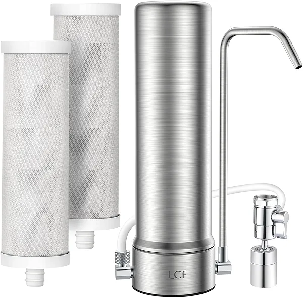 LCF Upgrade Countertop Water Filter, 𝐒𝐢𝐥𝐯𝐞𝐫 𝐈𝐨𝐧𝐬 Enhanced 6-Stage Stainless Steel Water Filter for Sink Faucet, Reduces Heavy Metals, Bad Taste & 99% Chlorine, 16,000 Gallons(2 Filters)