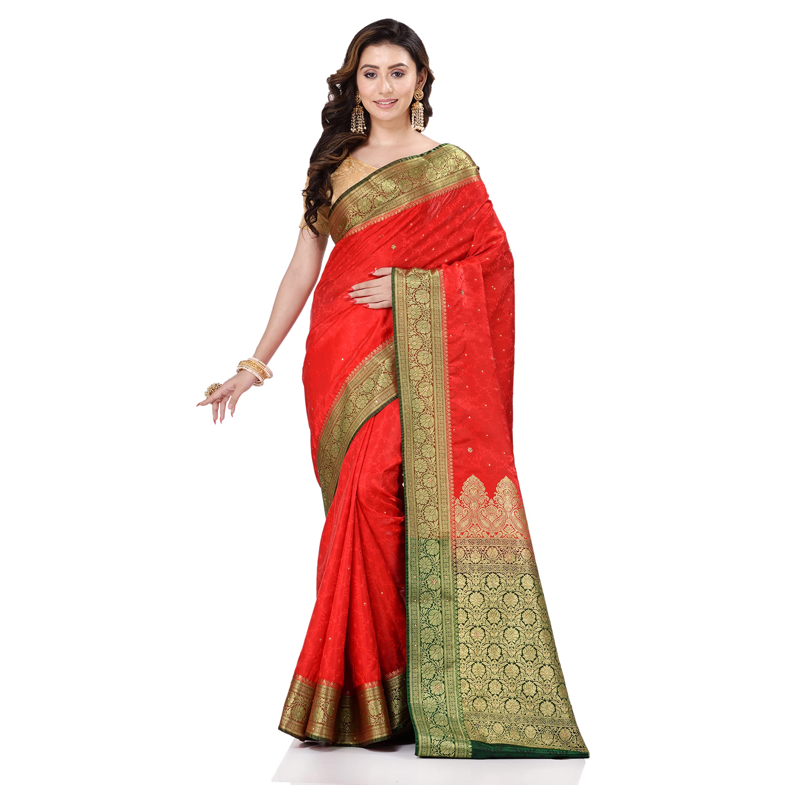 BANARASI PATOLA Women's Red Satin Silk Saree With All Over Floral Jacquard Weave and Stone Work Embellished with Blouse Piece