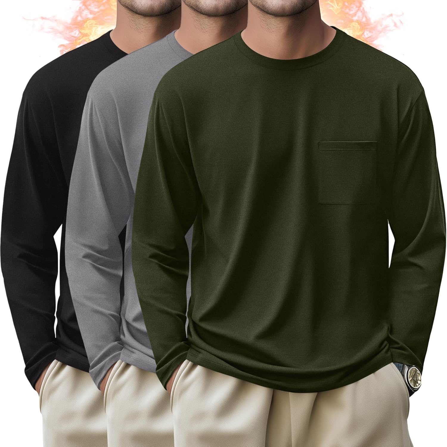 Evervibe 3 Pack Men's Big and Tall Long Sleeve Shirts Thermal Pocket T-Shirt Crew Neck Fleece Top Slim Fit Casual Tee