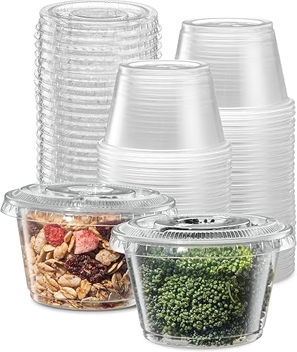 Miniatura 43 de {1 oz – 100 juegos} Vasos de plástico sumergibles negros con tapas, pequeños recipientes para control de porciones, chupitos de gelatina