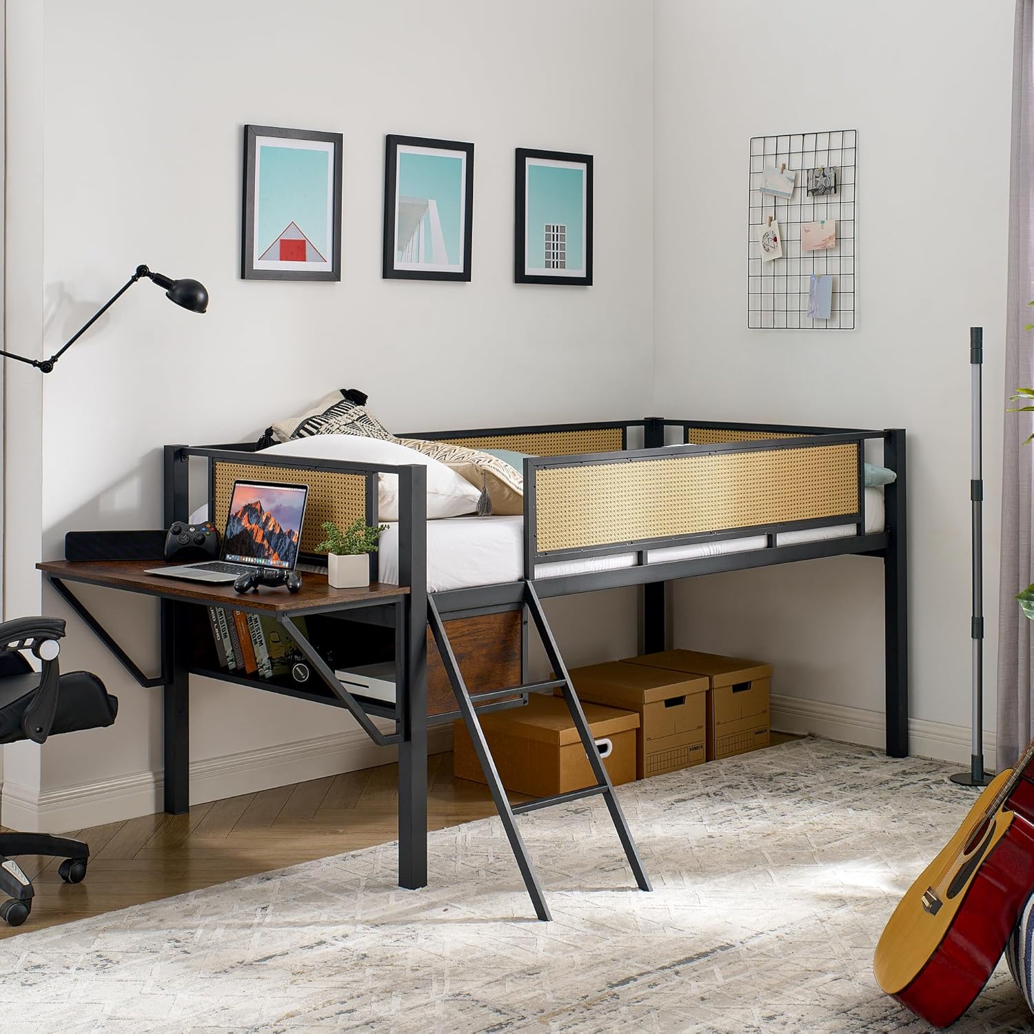 Polibi Twin Size Gaming Loft Bed with Desk, LED Lights and Staircase, Metal Loft Bed Frame with Full-Length Heightened Guardrail, Storage Shelves, Woven Rattan, Black+Brown
