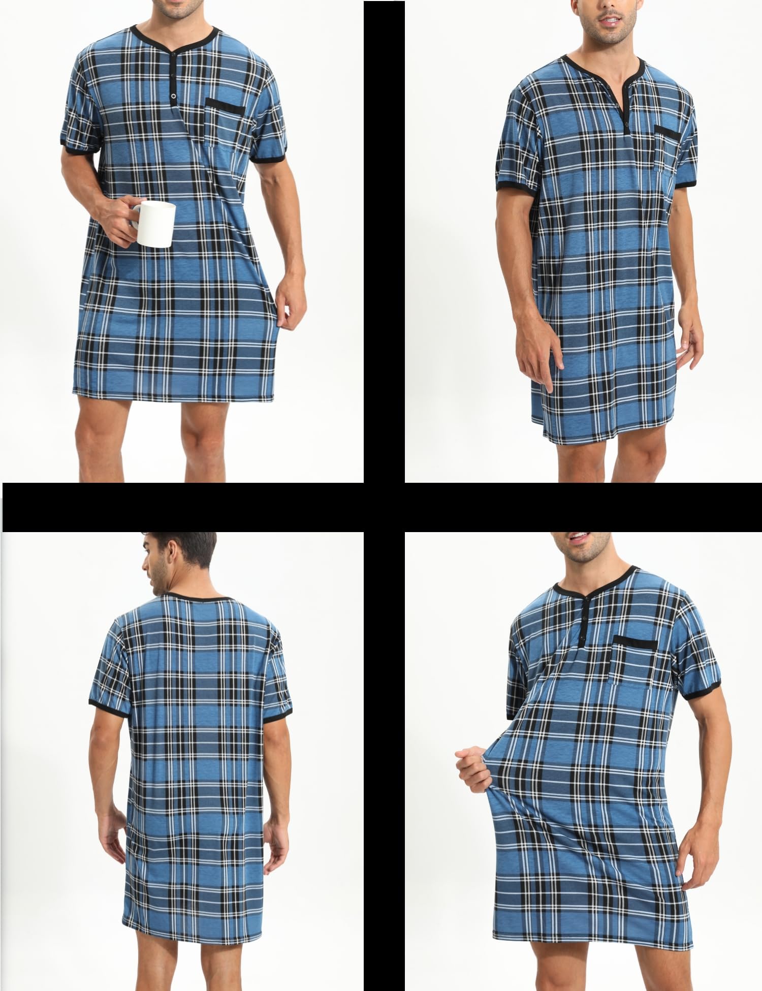 Chemise de Nuit Homme Pyjama Manches Courtes Hauts de Pyjama Homme Tee-Shirt Long Col Rond avec Boutons Vêtements d'Intérieur T-Shirt Grande Taille Douce Confortable
