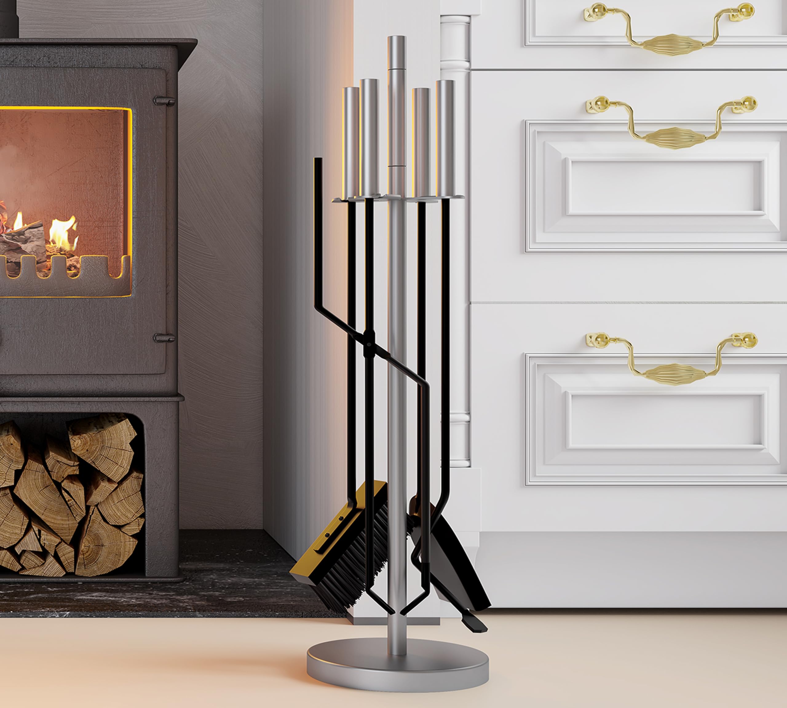 Kingson Set Moderno da 5 Pezzi per Camino – Manici e Supporto in Acciaio Inox – Include Spazzola, Attizzatoio, Pinze, Pala – Utensili in Ferro – Set di Attrezzi per Camino per Bruciatore a Legna