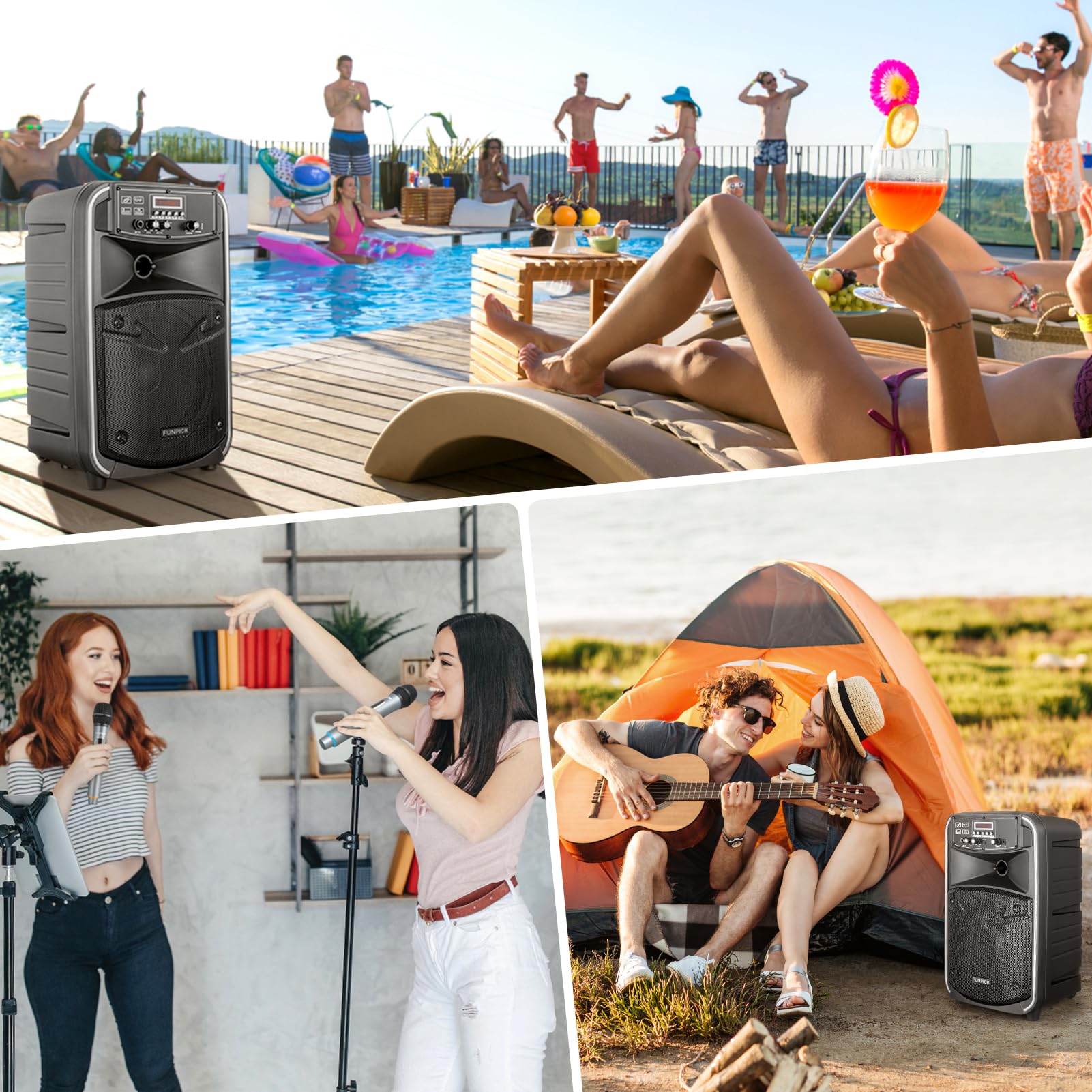 Sistema de Altavoces PA 8” Portátil con 2 Micrófonos Inalámbricos, Karaoke Bluetooth con Trolley, DSP/Grabación/FM/USB/TV, para Interiores y Exteriores, Control Remoto, Negro