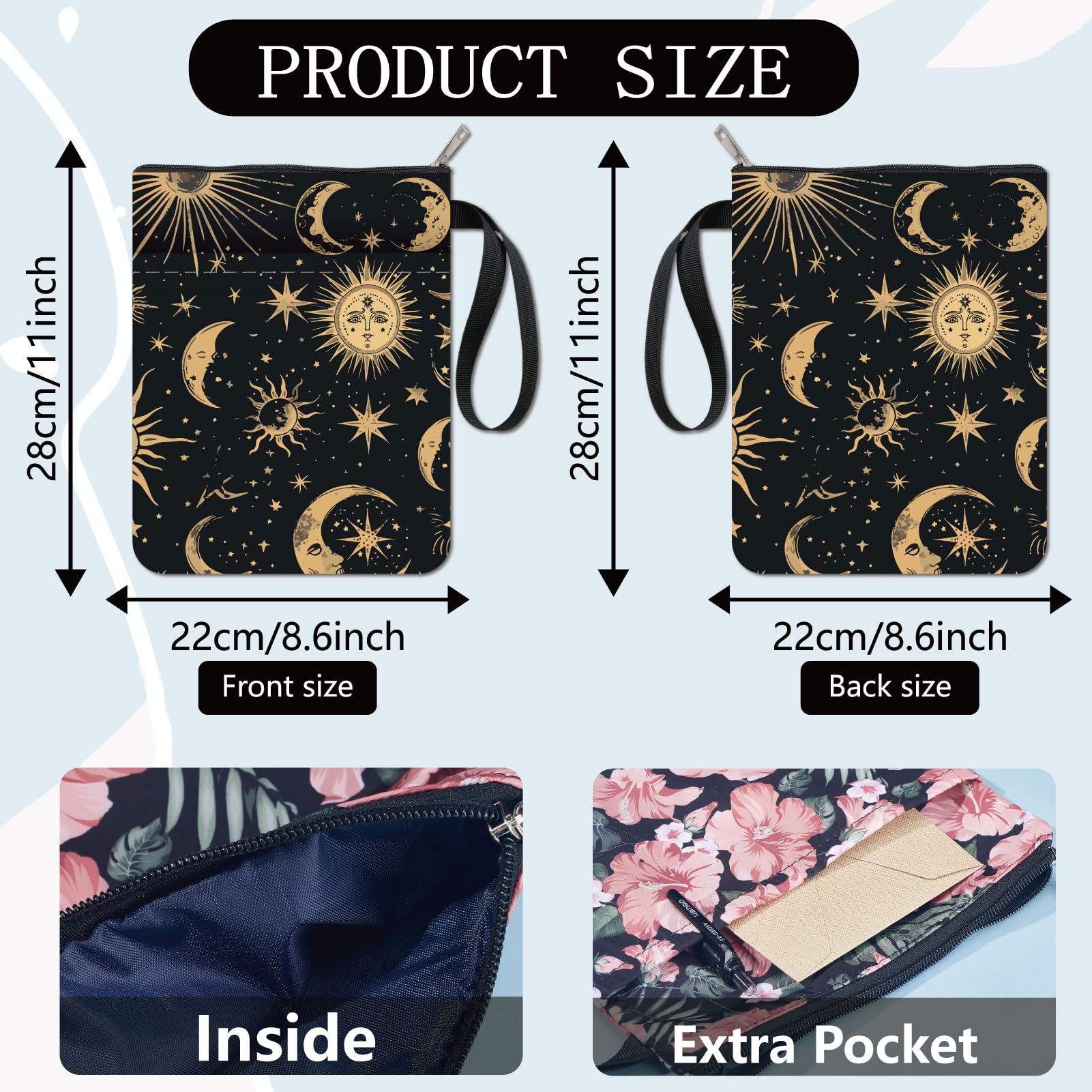 CRASPIRE Star Book Covers Sun Black Book Protector for Paperbacks Moon Book Sleeve Washable Fabric Cloth Book Cover with Zipper and Extra Sleeve Pocket for Book Lovers Classmate Gifts - Image 2