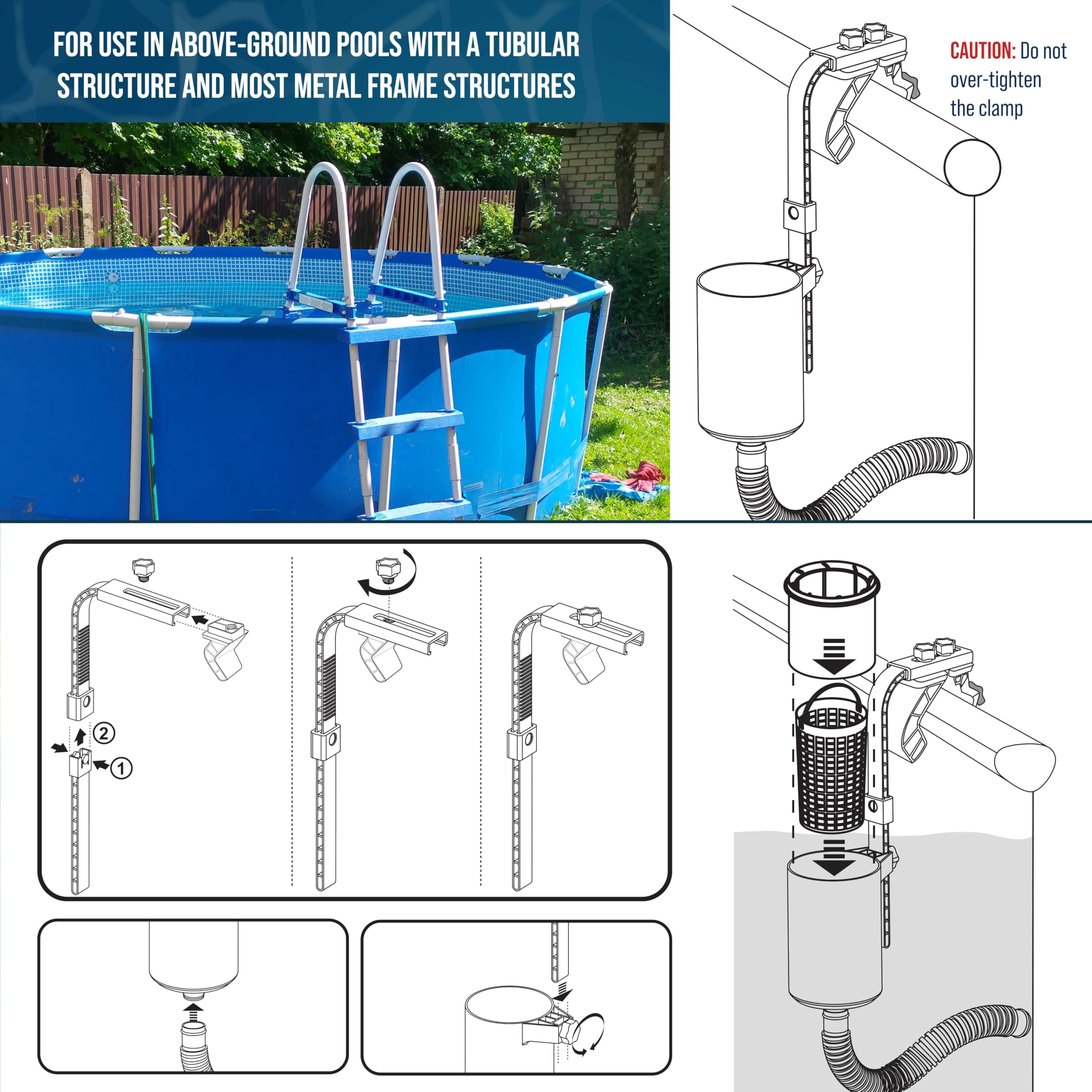 U.S. Pool Supply Skimmer de Piscina – Skimmer de Piscina sobre el Suelo, Skimmer de Superficie Flotante, 5 adaptadores, Accesorios de Piscina – Cesta de Suciedad Limpia, Montaje en Pared, fijación a