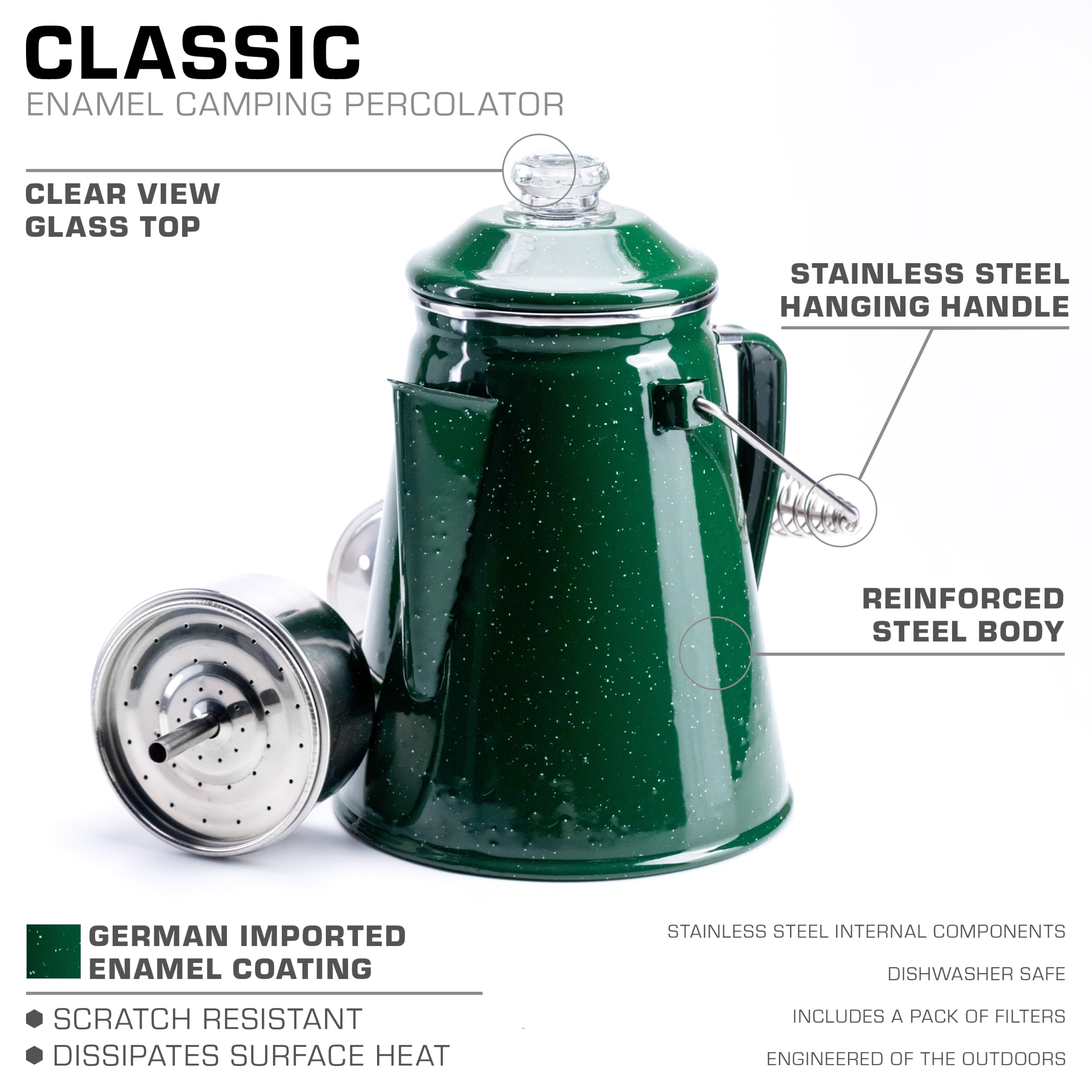 Coletti Cafetière percolateur Classique en émail (Vert, 12 Tasses) — La cafetière de Camping Originale rendue Moderne — Indispensable pour Le maître brasseur du Camping