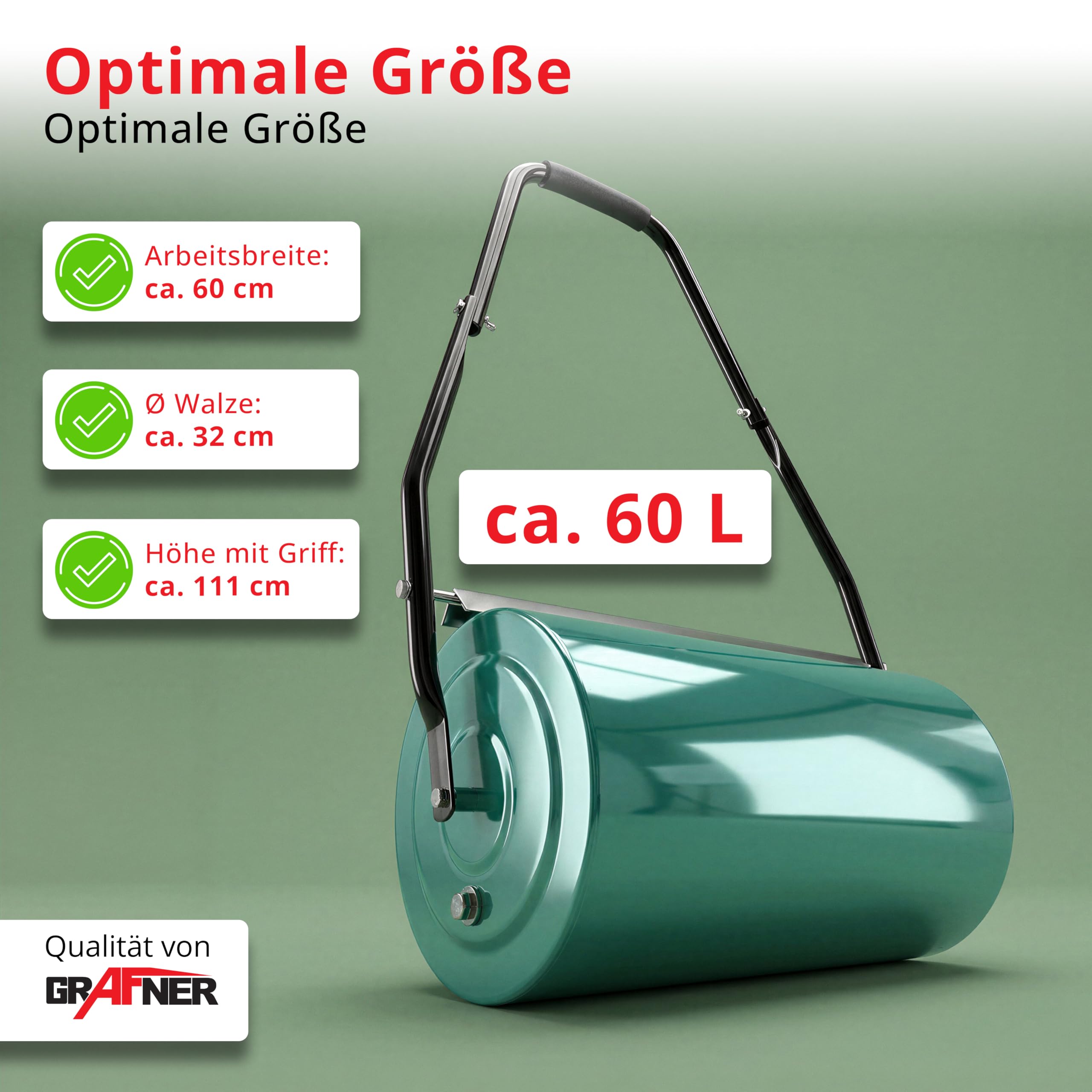 Grafner Rasenwalze 60 cm Arbeitsbreite, befüllbar mit Sand oder Wasser bis zu 60 kg, Durchmesser 32 cm, stabile Ausführung mit Abstreifern und Softgriff, Handwalze Rasenroller Walze