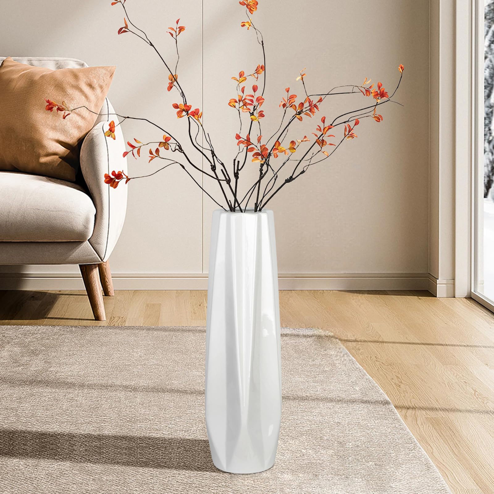 Ceramic Floor Large Vase 17.7 Inches Tall,White Modern Flower Tall Vases for Office, Home,Farmhouse,Living Room Décor,Simple Origami Design Fall