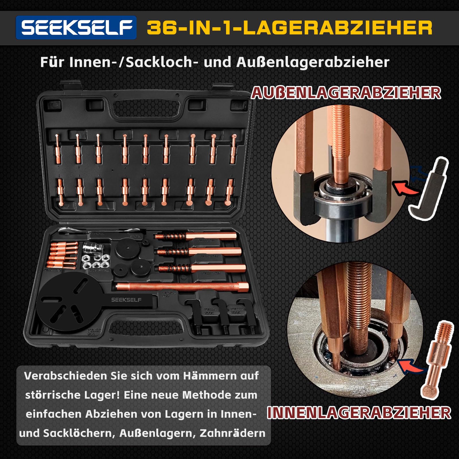 36-in-1 Lagerabzieher Set Innen und Außen, Innenlager Abzieher Lager Werkzeug Trennsatz, Schwarze Plastikbox