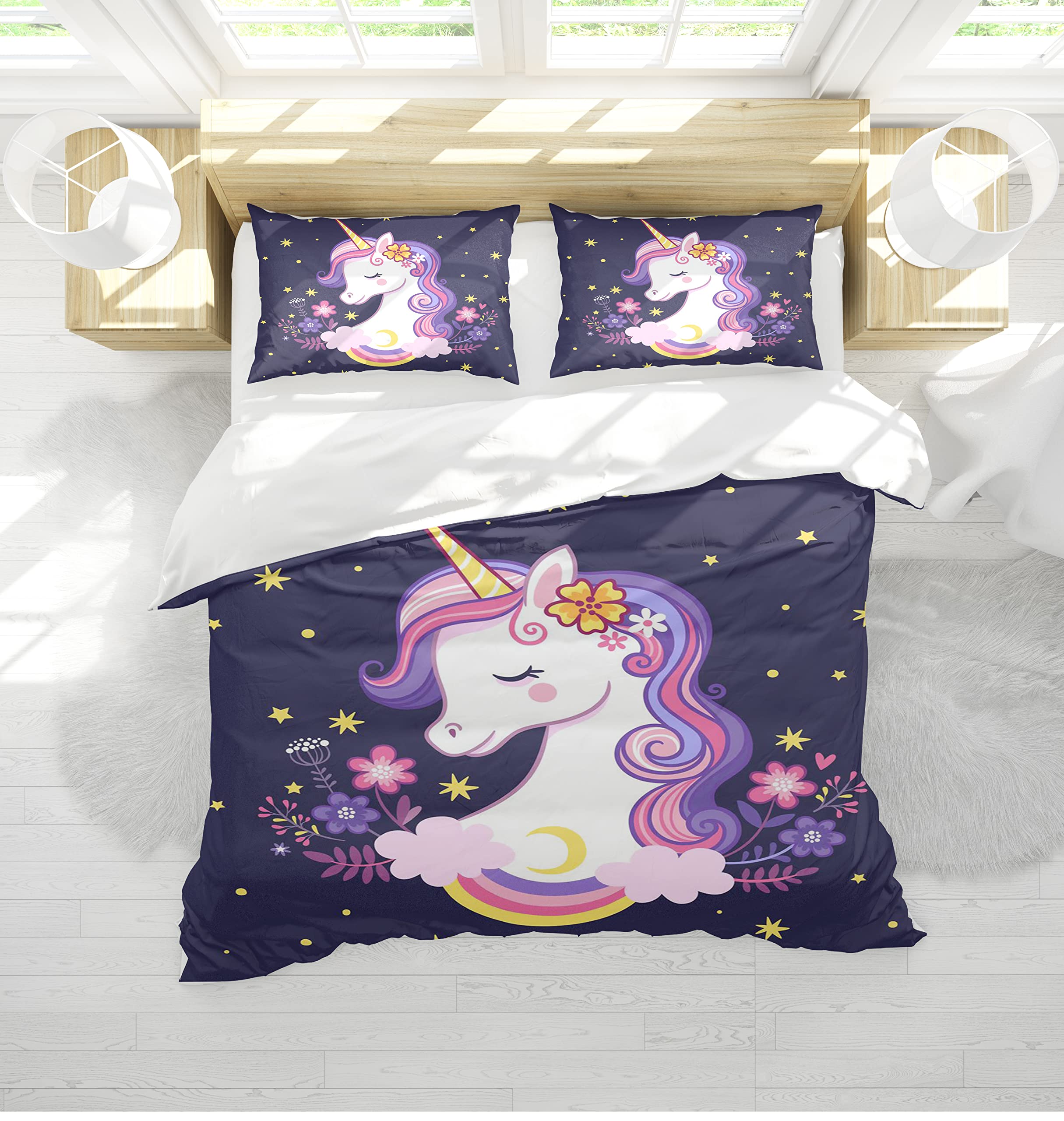 AVJWWD Set di biancheria da letto per bambini, in microfibra, con motivo a unicorno, con stampa 3D, 3 pezzi, con chiusura a strappo, morbido per ragazze (H, 135x200cm)
