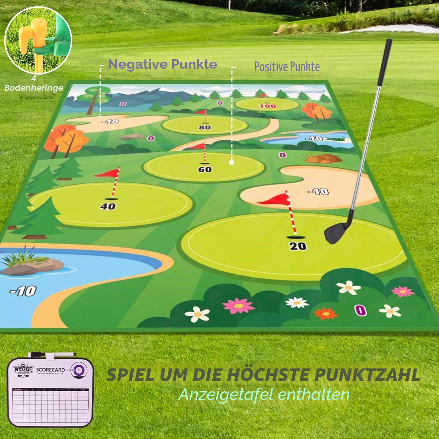 Golf-Chipping-Spiel mit Golf-Schlagmatte,Golf-Trainingsmatte, Schläger,Anzeigetafel,Zielen mit Übungs-Chipping-Matten-Kits,Golf-Zubehör für drinnen und draußen für den Garten der Erwachsenenfamilie