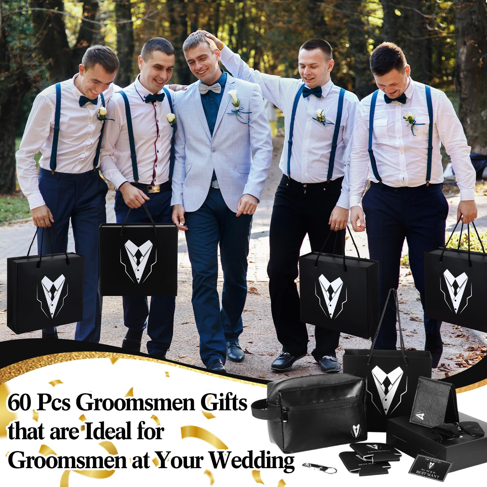 Roshtia 60 Pcs Groomsmen Proposal Gifts Set, Including 6 Toiletry Bags 6 Sunglasses 6 Cups 6 Can Sleeves 6 Beer Openers 6 Wallets 6 Keychains 6 Postcards 6 Gift Boxes 6 Gift Bags for Wedding Party