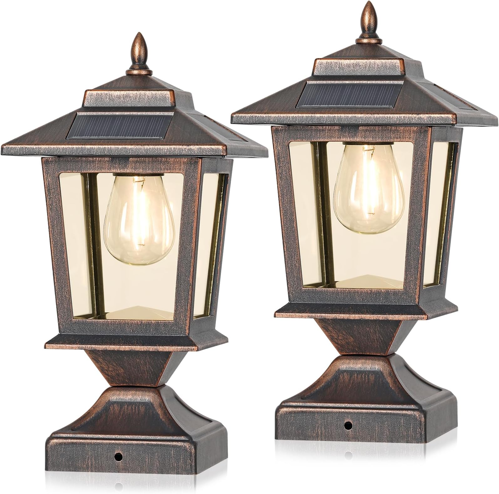 Derynome Solar Post Cap Lights, Waterproof Outdoor Light for 4x4 Wooden Posts, Solar Lights with Glass Shade for Deck Fence Patio Post Decor,Bronze (2 Pack)