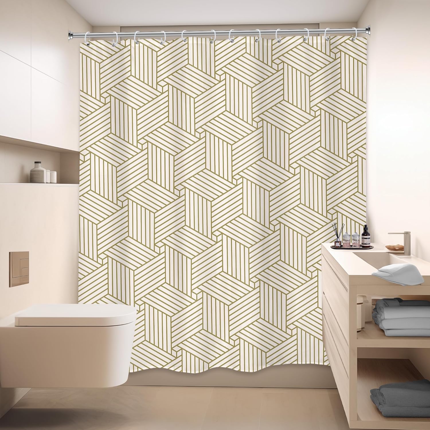 LIGHTINHOME Long Abstract Gold Geometric Shower Curtain 72Wx78H Inches Minimalist Art Printed Modern Geometry Neutral Cool Cloth Fabric Waterproof Polyester Bathroom Home Decor Set with Hooks