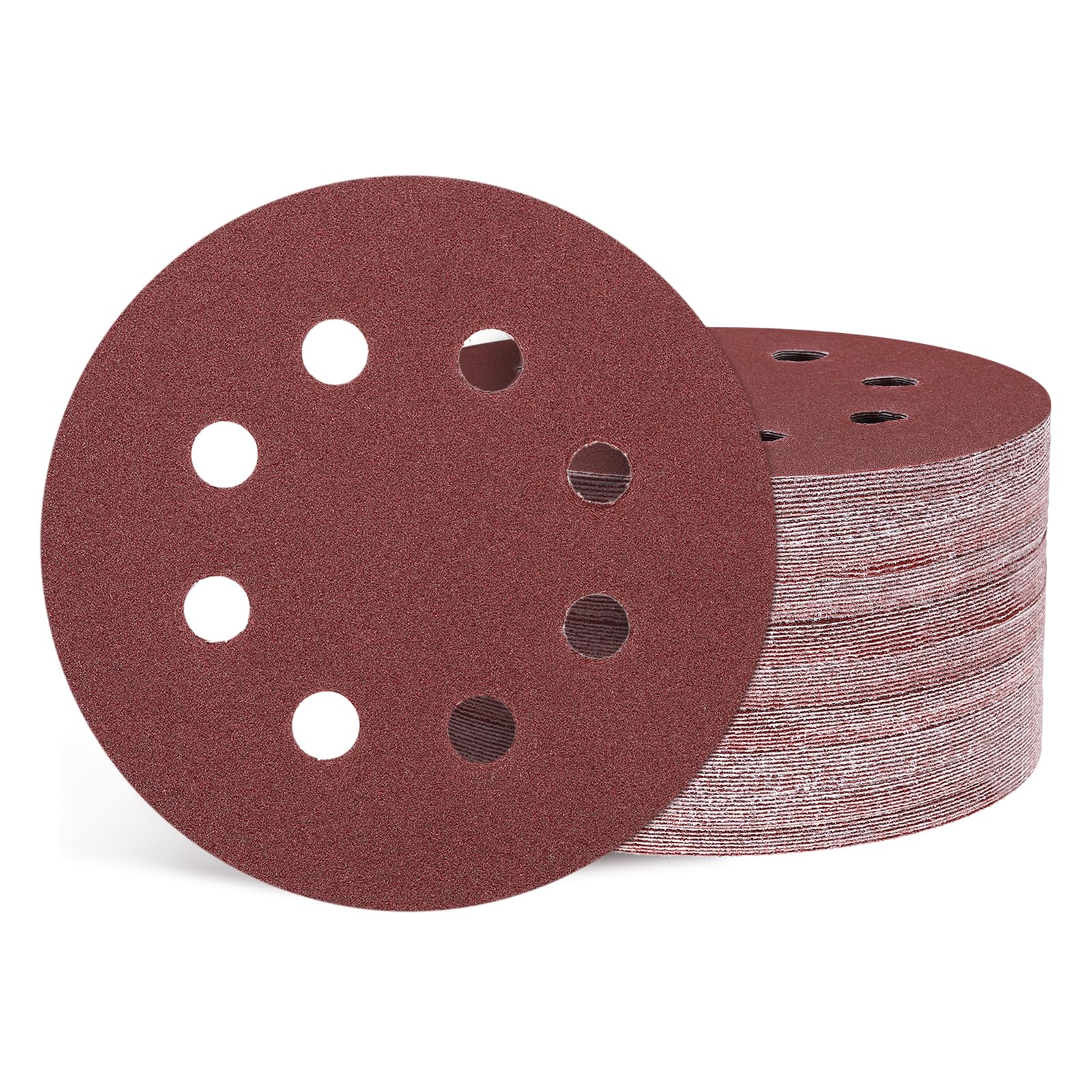 Kozelo 50 Pcs Sanding Disc 125 mm 100 Grit 8 Hole Hook and Loop Random Orbital Sandpapers Suitable for Drywall Sander Wood Metal Furniture, Red