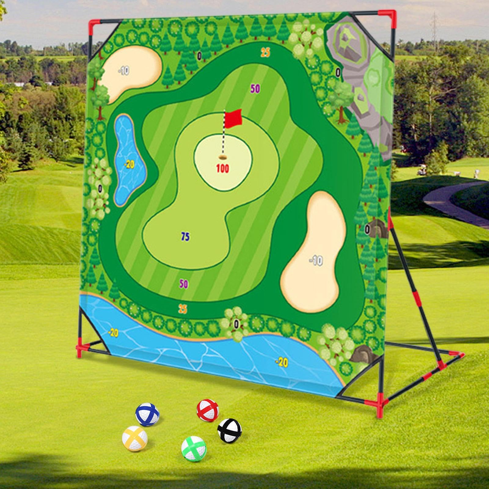 Golf Da Giardino Tappetino da Allenamento Interattivo da 137x137 Centimetri | Set Con 24 Palline e Supporto per Colpi Precisi Per Adulti Pratica in Giardino Sport da Cortile Casa Famiglia Festa