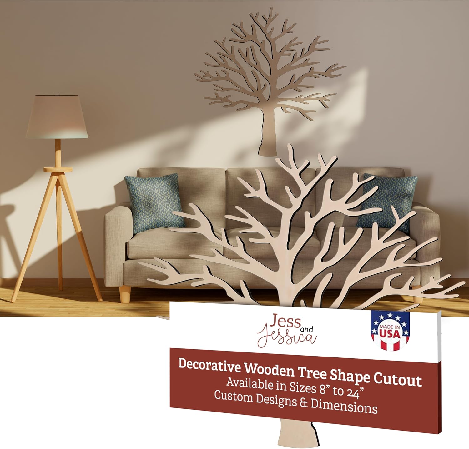 Jess and Jessica Wooden Tree Shape Cutout for Home Decor, Unfinished Wood Craft for DIY, Laser Cut Shapes for Crafts, Wall Decor, 24 Inches