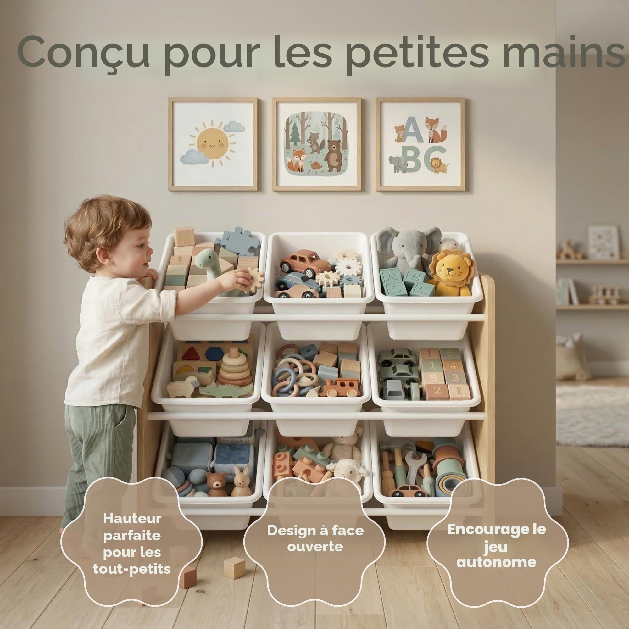 Humble Crew, étagère pour Enfants, Organisateur de Jouets avec 9 bacs de Rangement, Naturel/Blanc