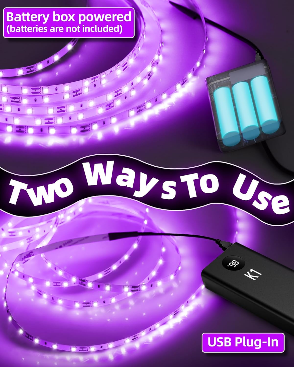 THECHAM 16.4ft Black Lights Strip Battery Operated, USB Blacklight Strip for Glow Party, 385-400nm Black Lights for Bedroom Indoor Halloween Birthday Decor Uranium Glass Tapestry Poster