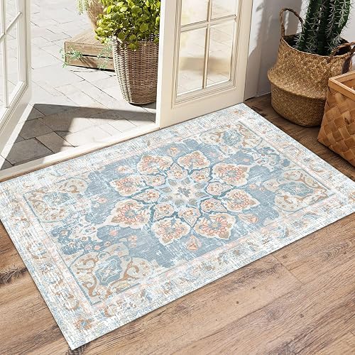 Vhong Washable Pale Blue Area Rug 2x3 Boho Vintage