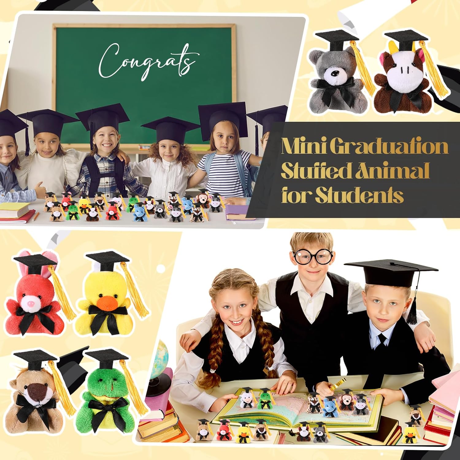 Blueweenly 24 Pcs 2026 Graduation Mini Stuffed Animal with Cap Grad Small Plush Animal Toy Keychain Congrats Grad Mini Stuffed Bear Bulk for Class of 2026 Party Decor Goodie Bag Filler School Gift