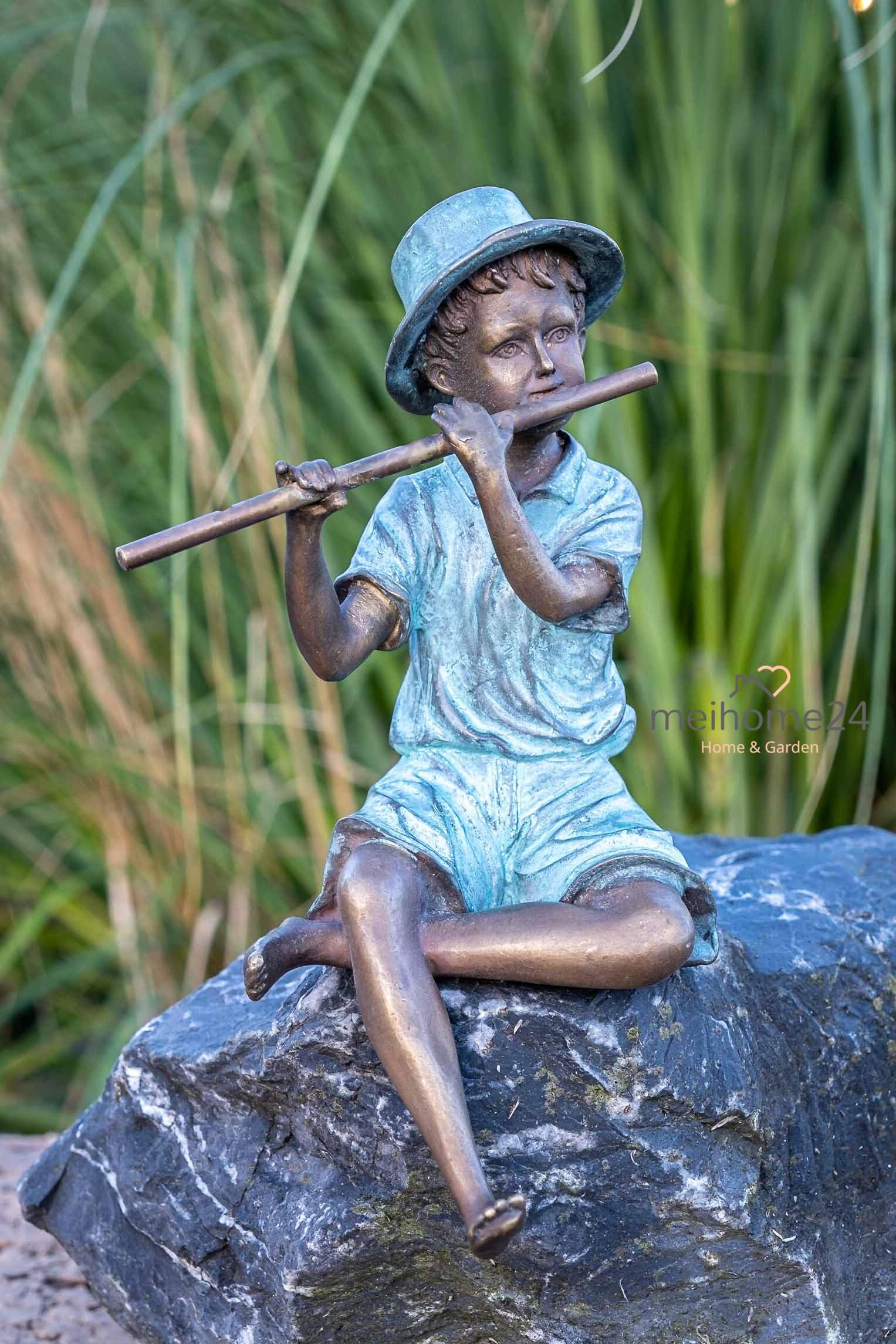 Generisch Bronze-Skulptur Junge | Kantenhocker | mit Querflöte | 12x10x20cm | Jungenfigur aus Bronze | handgefertigt