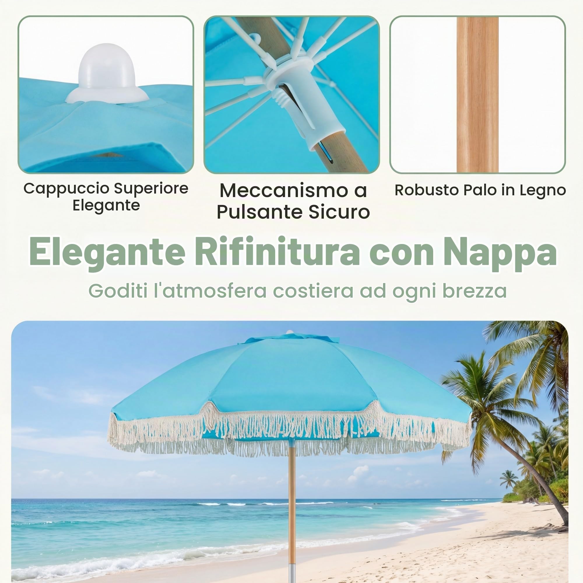 KOMFOTTEU Ombrellone da spiaggia 170 cm, ombrellone rotondo con bastone di legno, ombrellone terrazza esterna inclinabile a 30° con 8 aste e doppio strato ventilato, per giardino, balcone
