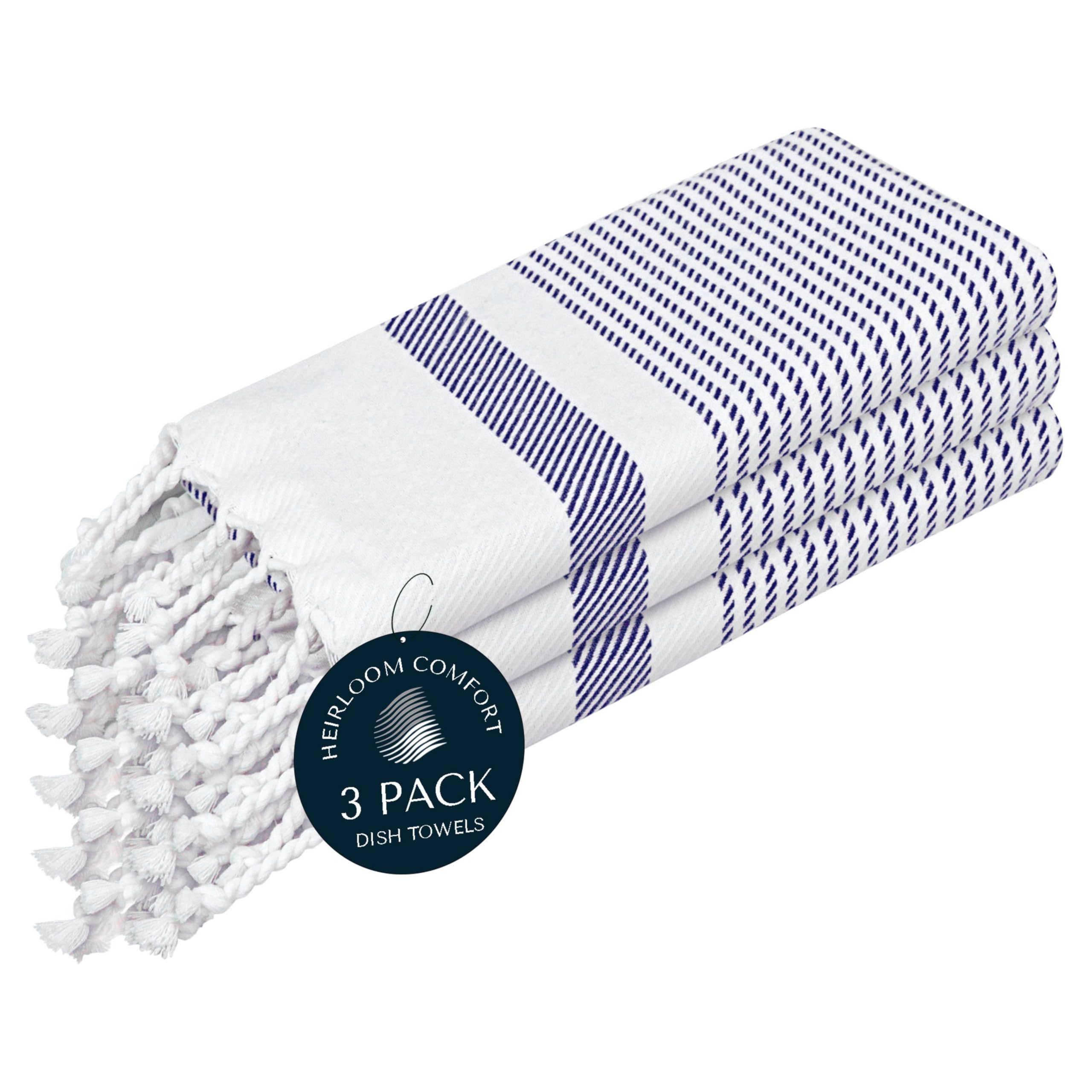 HEIRLOOM COMFORT Indigo Blue Turkish Kitchen Towels 40x66 cm, 3 Pack, 100% Cotton, Soft, Absorbent, Fast Dry, Machine Washable, Dish Towel with Tassels for Drying Dishes, Cleaning, Everyday Use