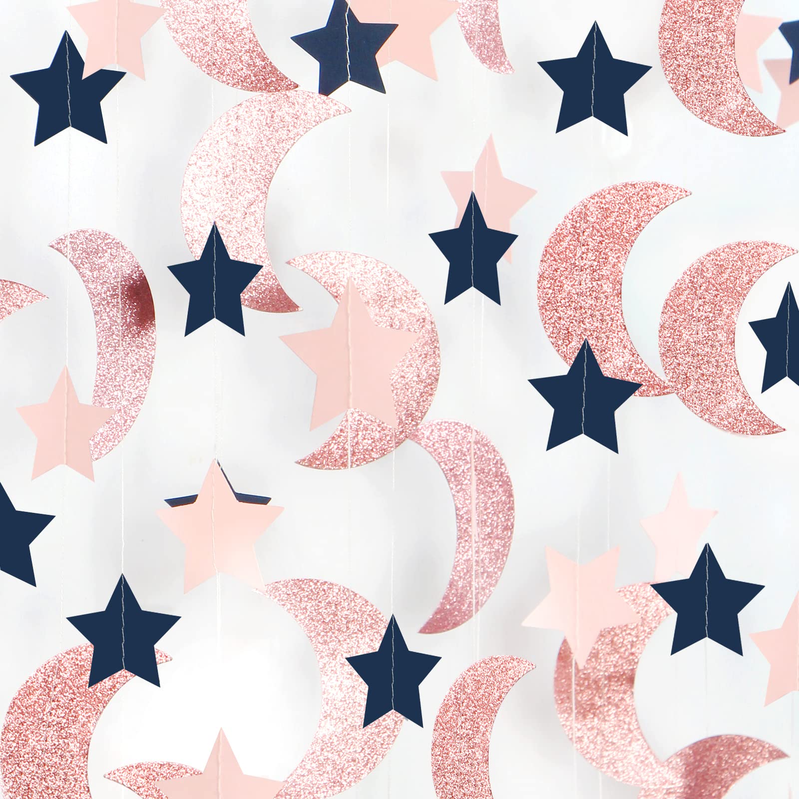 Rose-Gold Moon-Star Party Decorations Garland - 52Ft Navy Blue Pink Twinkle Little Star Hanging Decoration Streamers Banner, Eid Ramadan Mubarak Decoration Birthday Wedding Baby Shower Decor Panduola