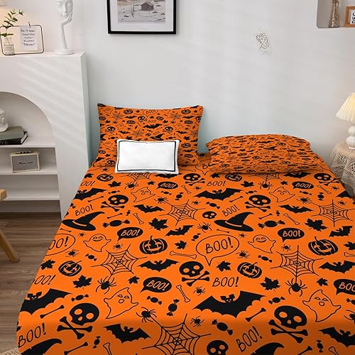 Miniatura 10 de Sábanas de Halloween tamaño California King, sábanas espeluznantes de fantasmas para niños y niñas, juego de sábanas de tela de araña, microfibra