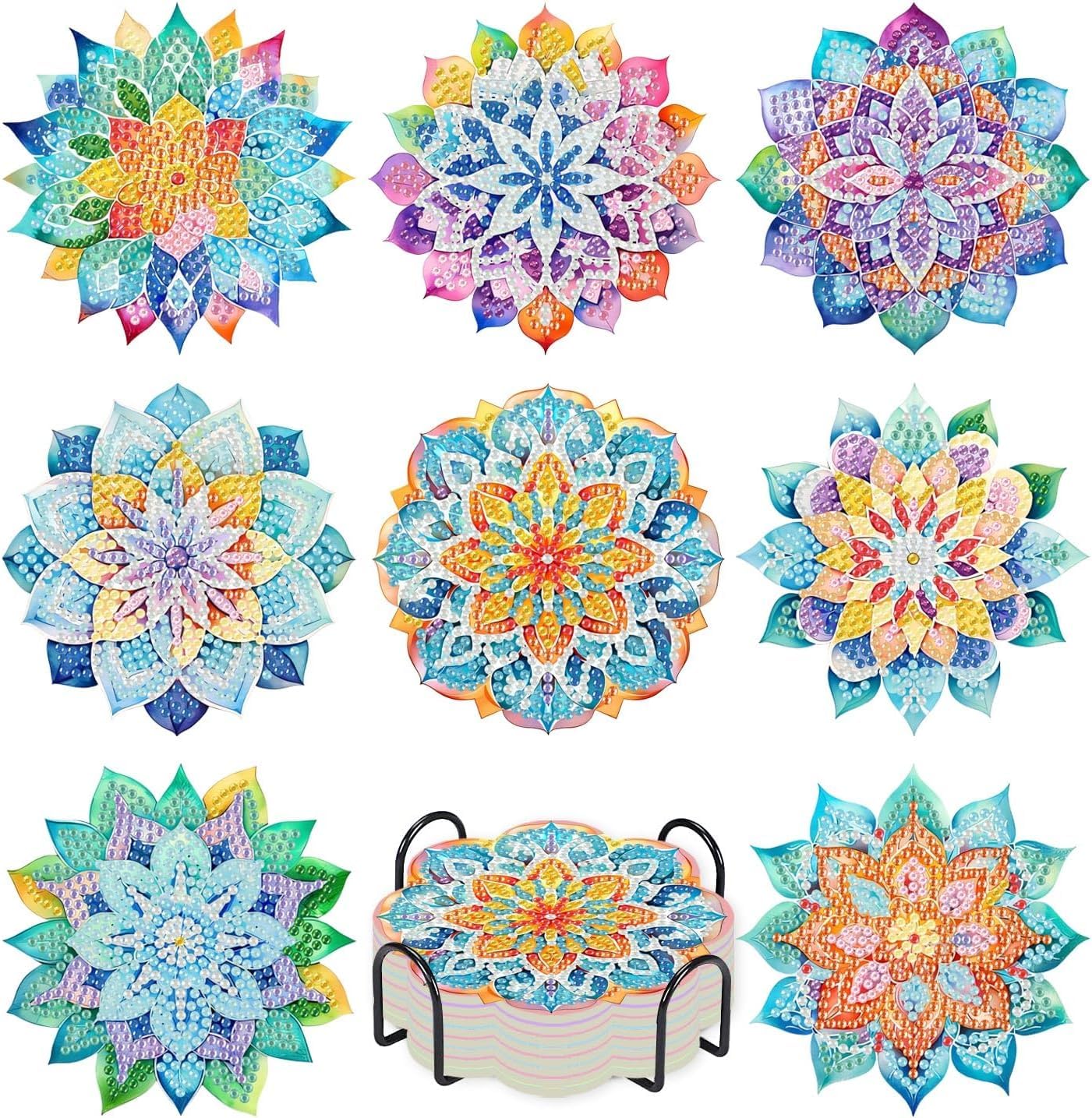 8 PCS Succulent Diamond Art Coasters with Holder, DIY Succulent Diamond Painting Coasters Kits for Adults, Plants Mosaic Diamond Painting Coaster Gift Set with Non Slip Hardwood Bases 4x4 Inch