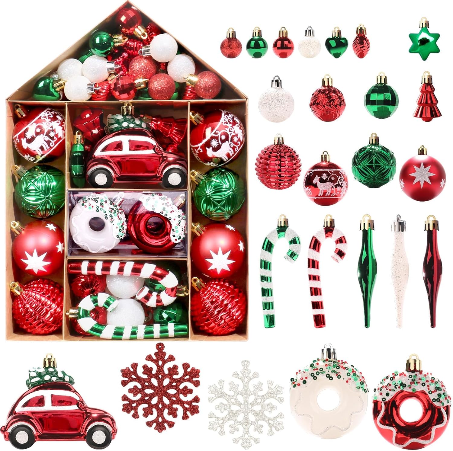 DeckTheHalls 72 Pcs Christmas Ball Ornaments, Christmas Tree Colorful Shatterproof Plastic Hanging Ornaments for Holiday, Wedding, Party Decoration with Strings, Car Snowflake Candy Cane Donut Designs