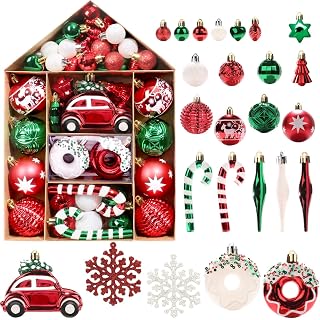 DeckTheHalls 72 Pcs Christmas Ball Ornaments, Christmas Tree Colorful Shatterproof Plastic Hanging Ornaments for Holiday, Wedding, Party Decoration with Strings, Car Snowflake Candy Cane Donut Designs - Amazon product rated Grade B