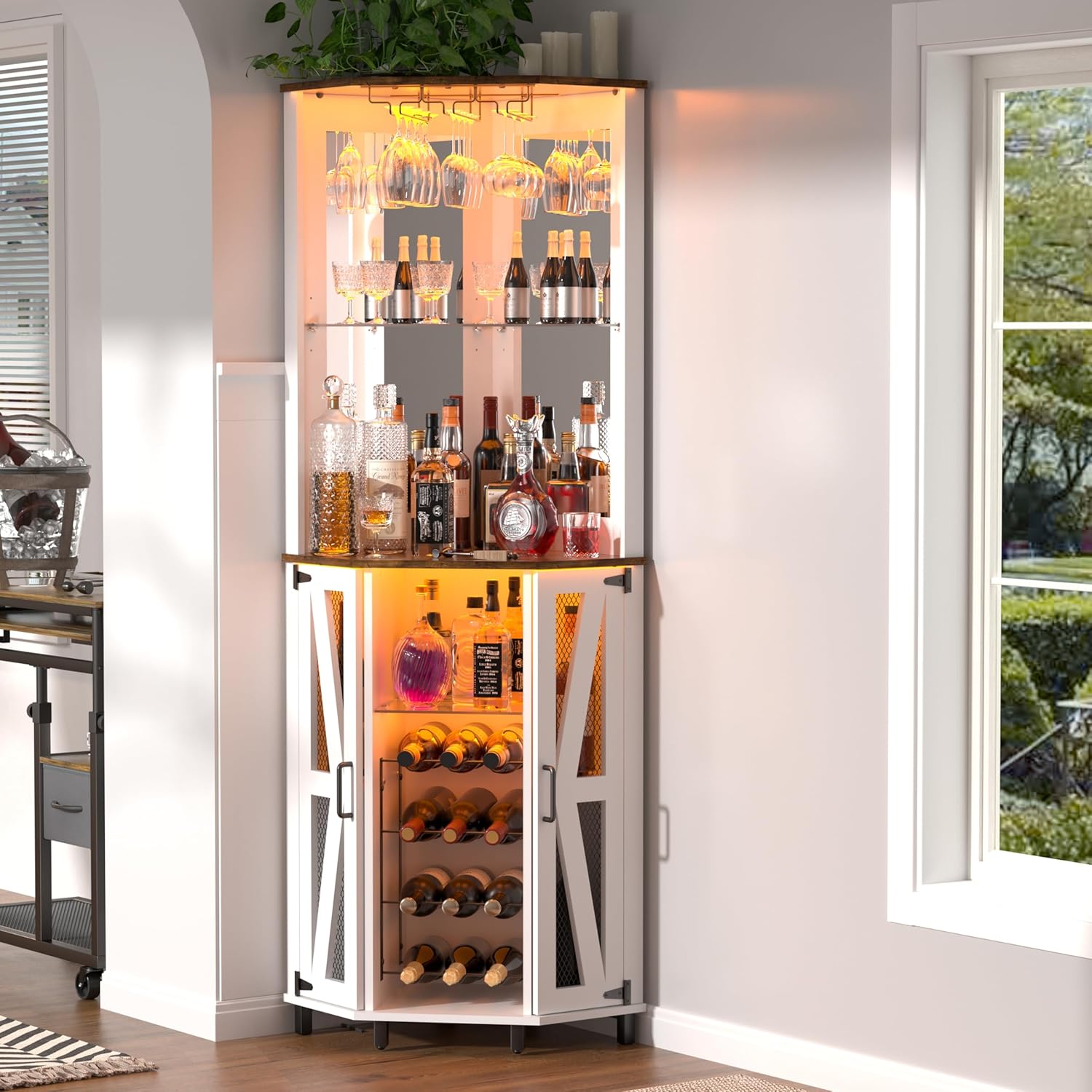 68.9“ Tall Corner Bar Cabinet, Wine Bar with LED Light and Mirror, Farmhouse Liquor Cabinet with Adjustable Shelf & Glass Rack, for Dining Room, Living Room