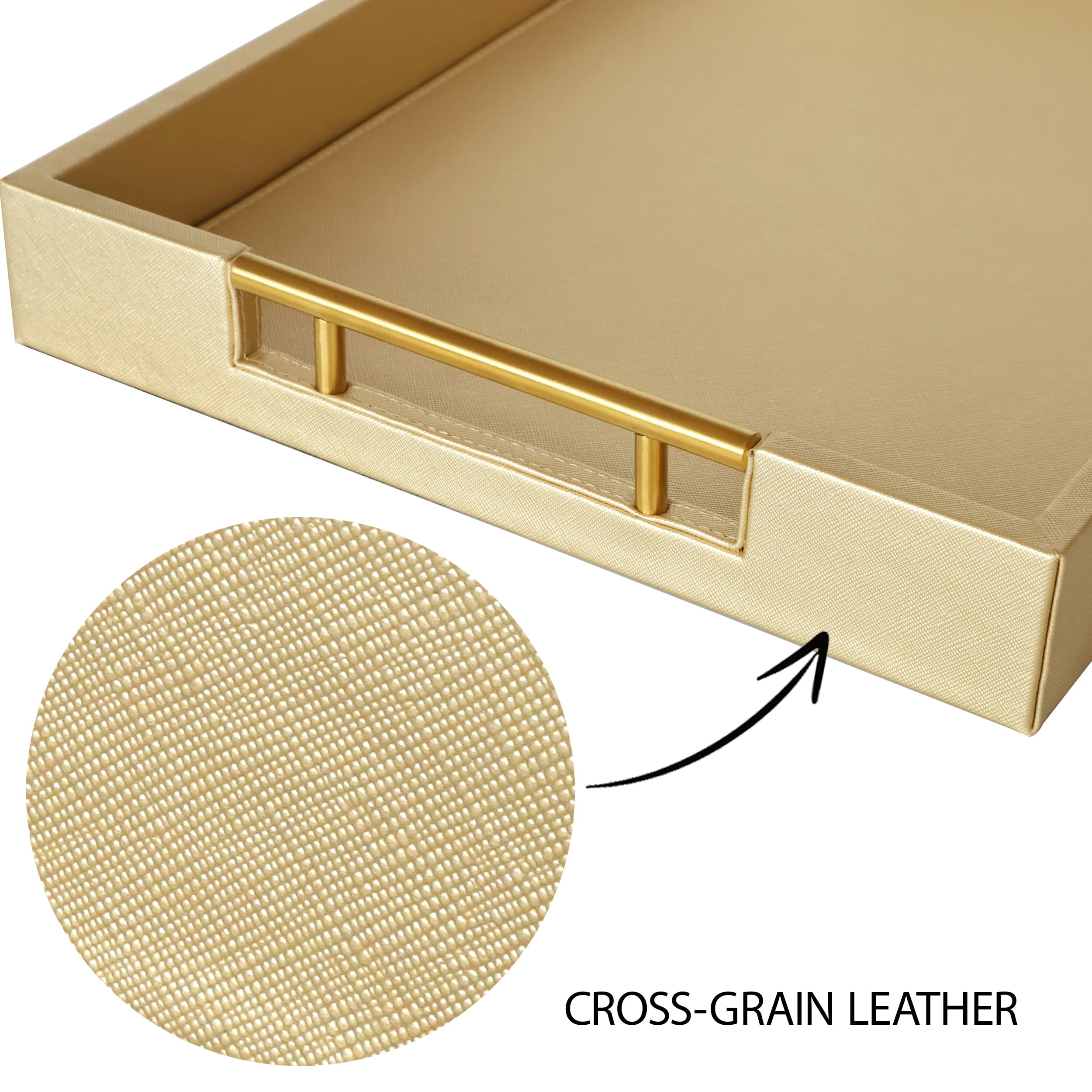 HofferRuffer Bandeja para servir de piel sintética con asas de metal dorado, elegante bandeja organizadora decorativa para mesa de café, otomana, decoración del hogar y servir (dorado, 16.2 x 12.2 x 2