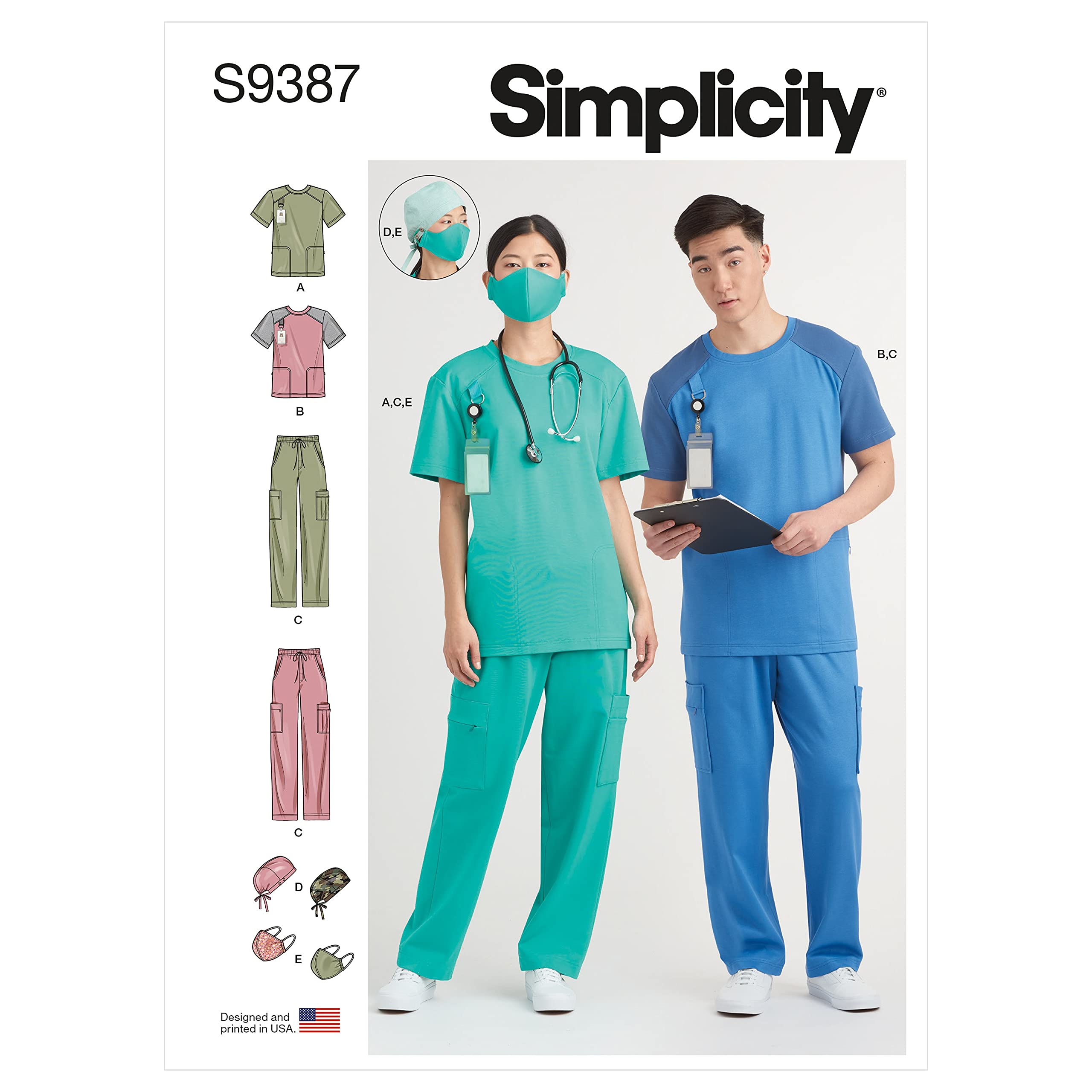 SIMPLICITY 9387 UNISEX SCRUB TOPS PANTS CAP MASK Sewing Pattern Sizes XS & XXL