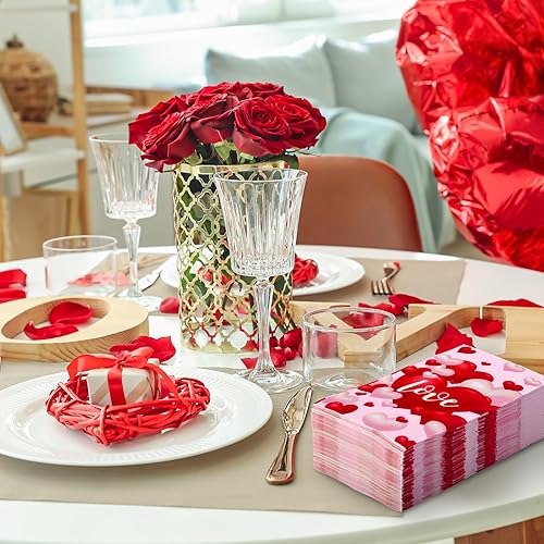 Miniatura 4 de AnyDesign - Paquete de 100 servilletas de papel desechables para el día de San Valentín, diseño de corazón rojo y blanco, servilletas de papel