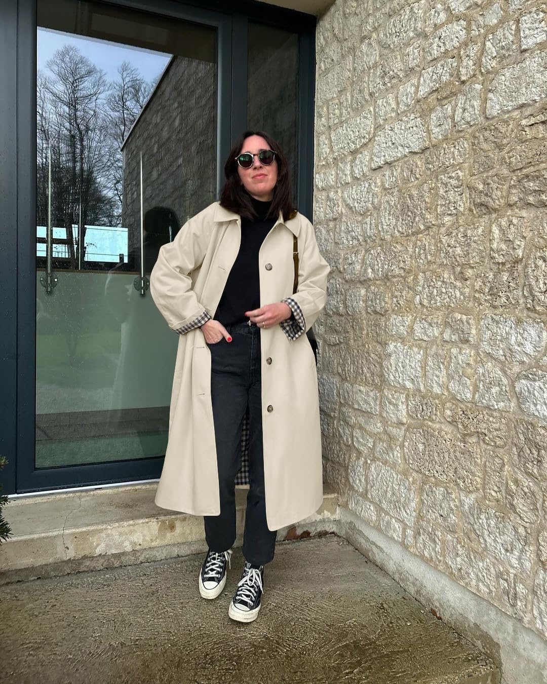 Tankaneo Womens Long Trench Coat Single Breasted Oversized Windproof Overcoat Fashion Outerwear - Image 5