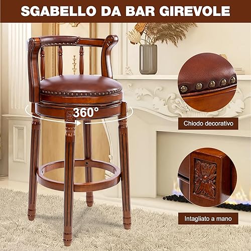 Miniatura 8 de AULIFE Taburetes de bar de madera de cuero con parte superior de vaca silla de bar giratoria con respaldo para encimera de cocina en casa silla