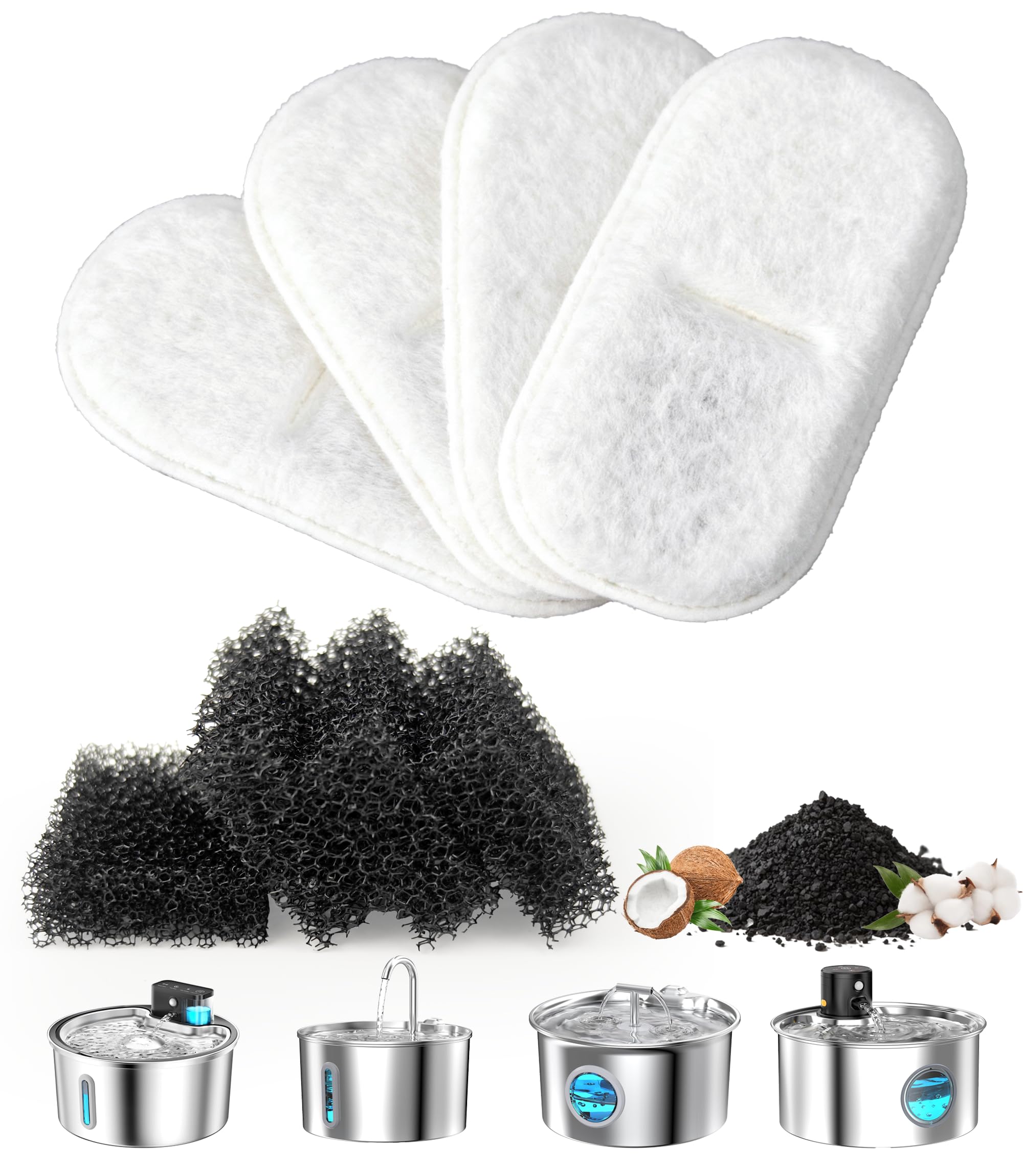 Cat Water Fountain Filter Replacement: 4 Carbon Filters & 4 Foam Sponges Kitty Spout Pump Filters for 108Oz/3.2L & 67Oz/2L Stainless Steel Pet Water Dispenser Cat/Dog