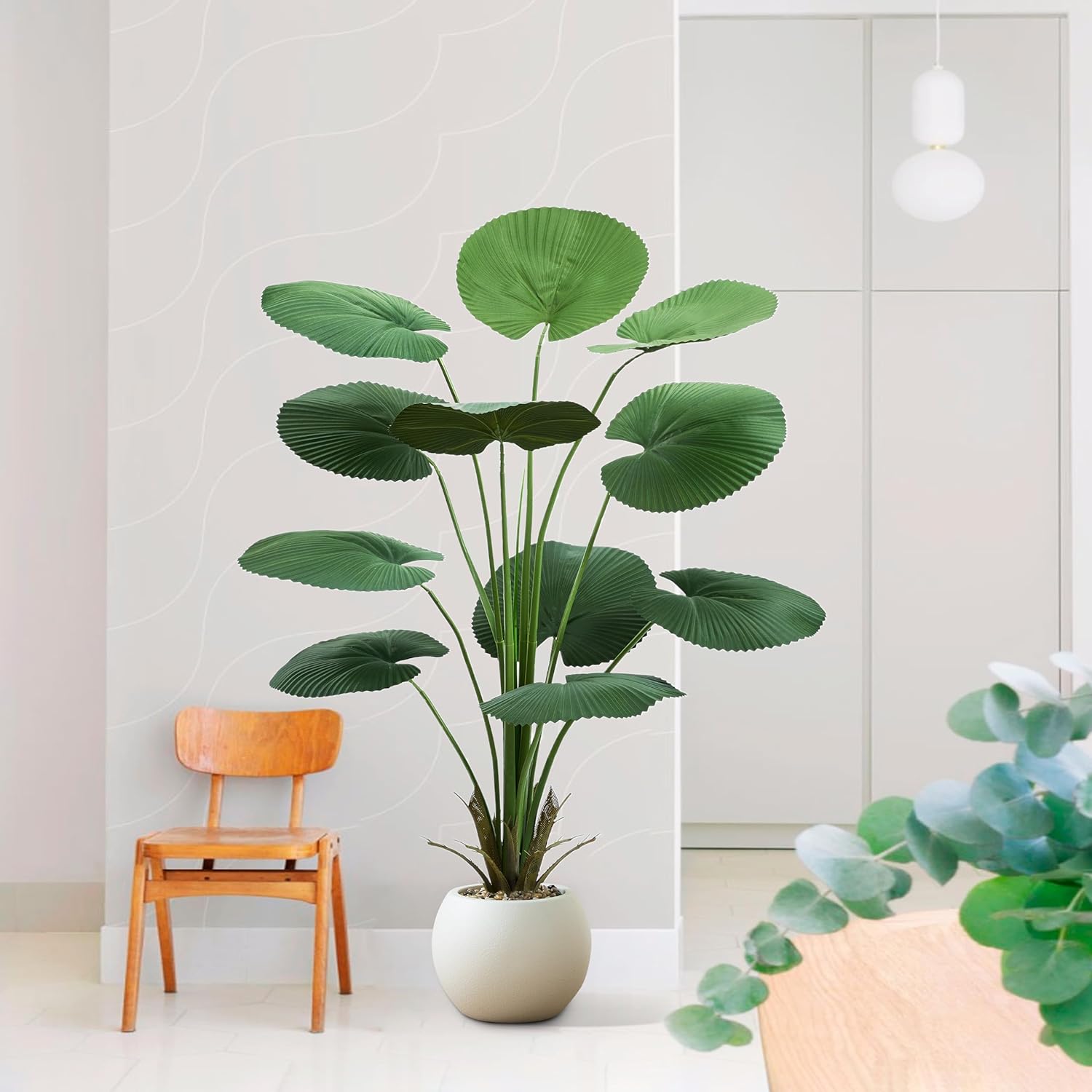Artificial Fan Palm Tree 5FT Fake Tree Round Leaf Fake Palm Plant, Faux Tropical Areca Floor Plant with Planter, Artificial Silk Plants for Indoor Outdoor Home Office Bedroom Living Room Decor