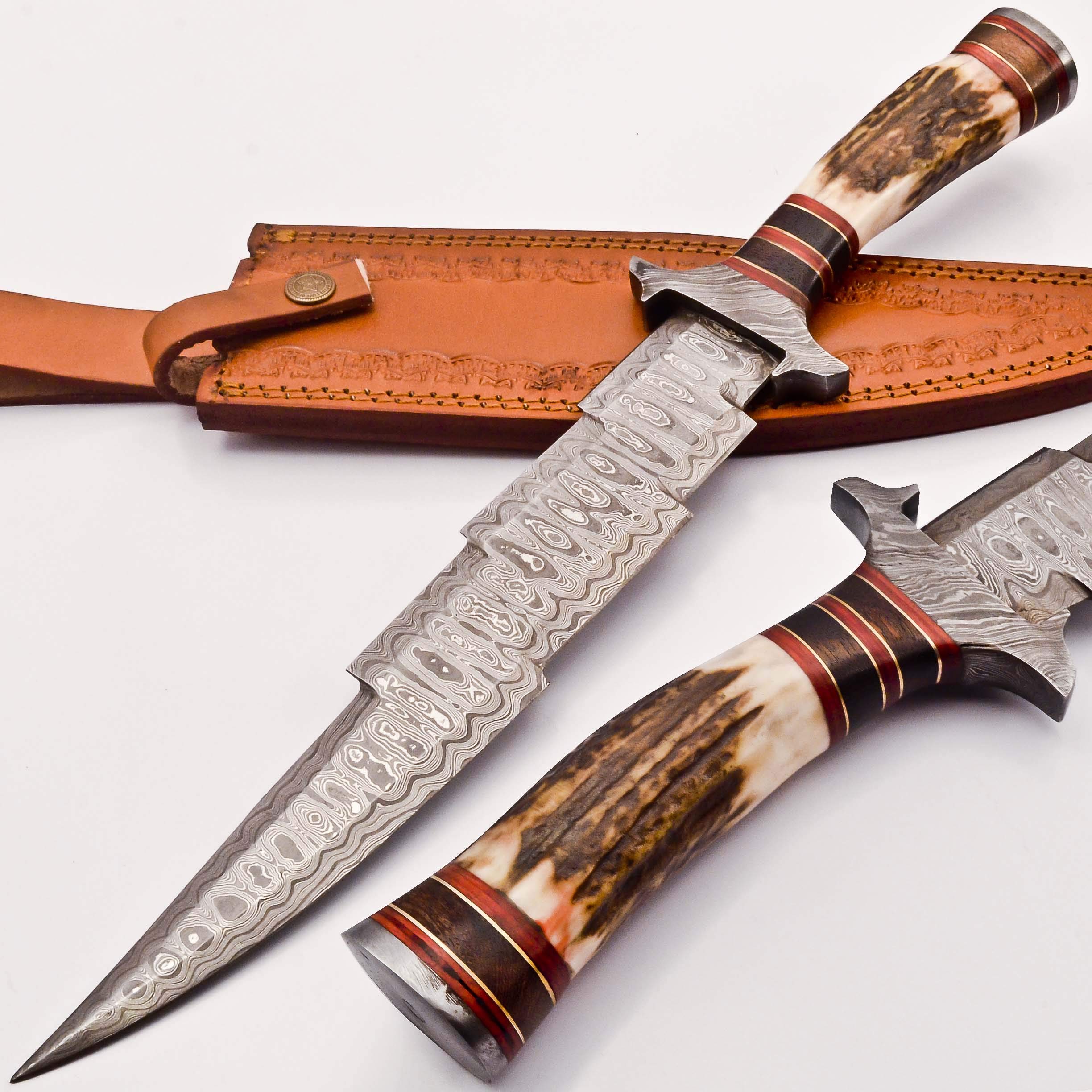 Rare Custom Blood Grooved Damascus Fighter Kriss Dagger Knife Hunting Knife | Outdoor Knife | Stag Antler Handle (KM-7003)