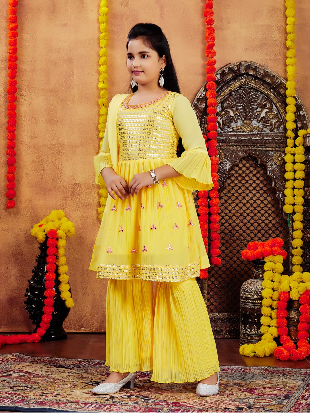 Aarika Girls Ethnic Wear Yellow Colour Sequins Embroidery Georgette Kurti Sharara Set (5-11 Years)